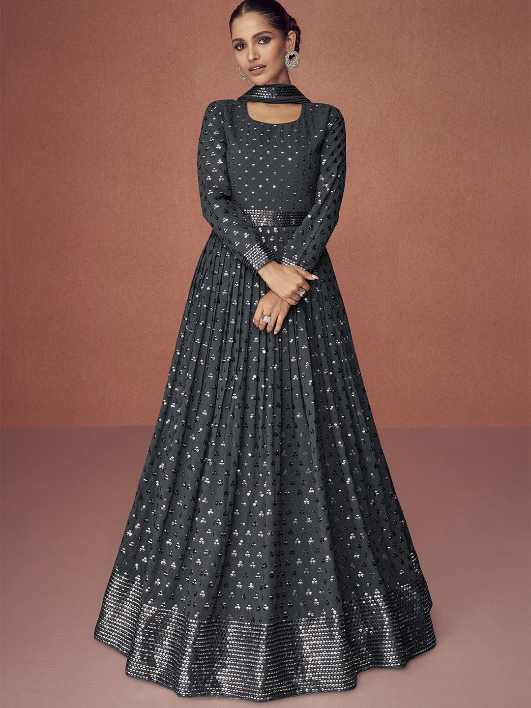 

ODETTE Embroidered Semi-Stitched Dress Material, Black