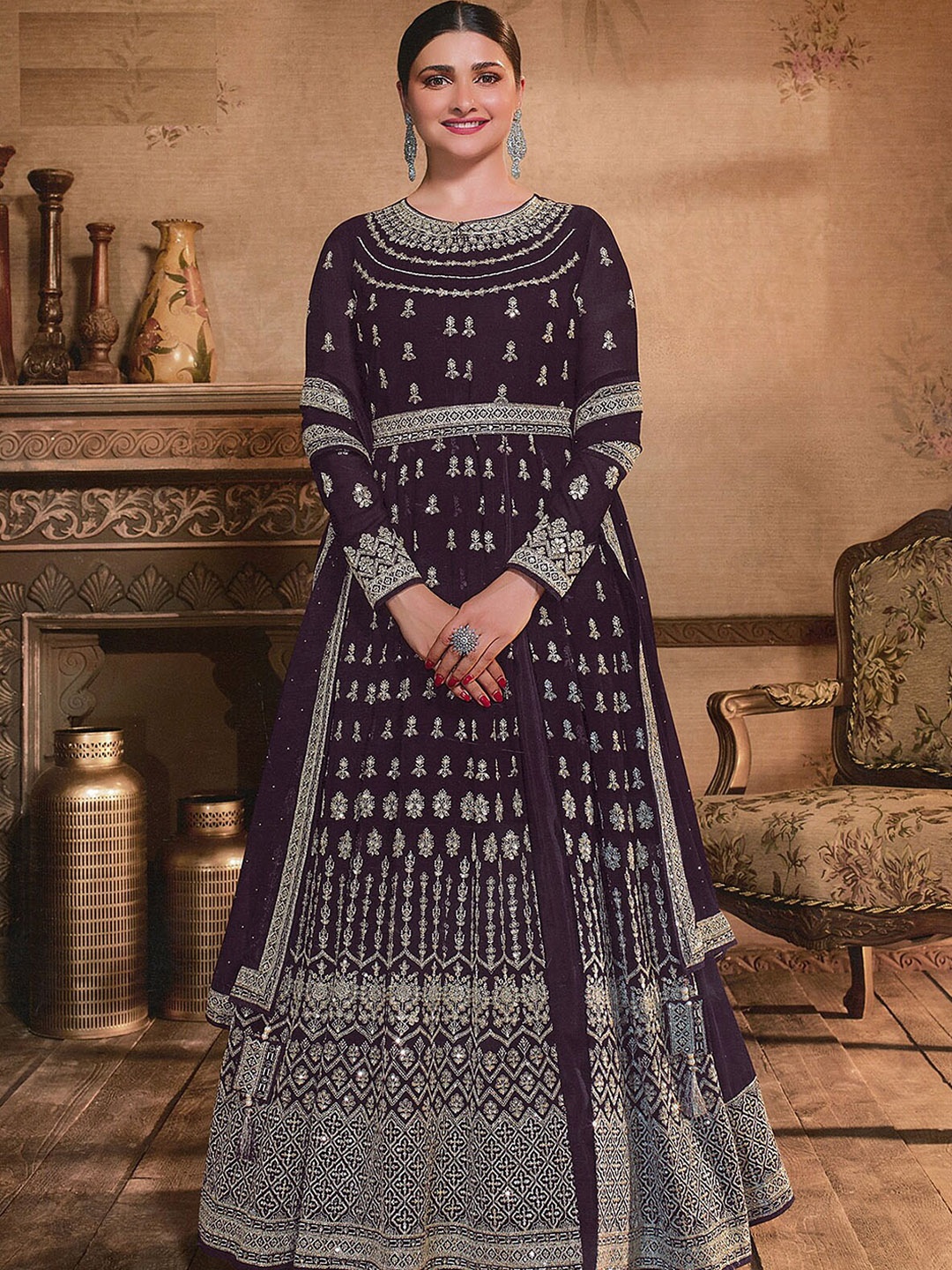 

ODETTE Embroidered Semi-Stitched Dress Material, Purple