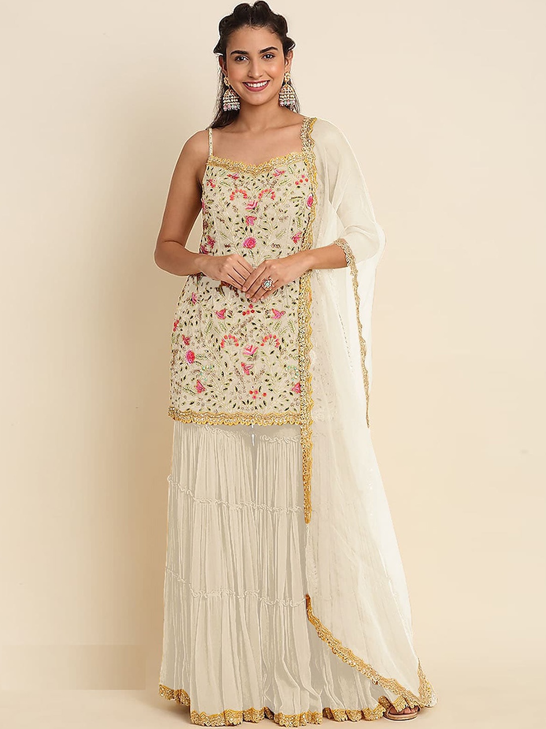 ODETTE Floral Embroidered Semi-Stitched Dress Material, Cream