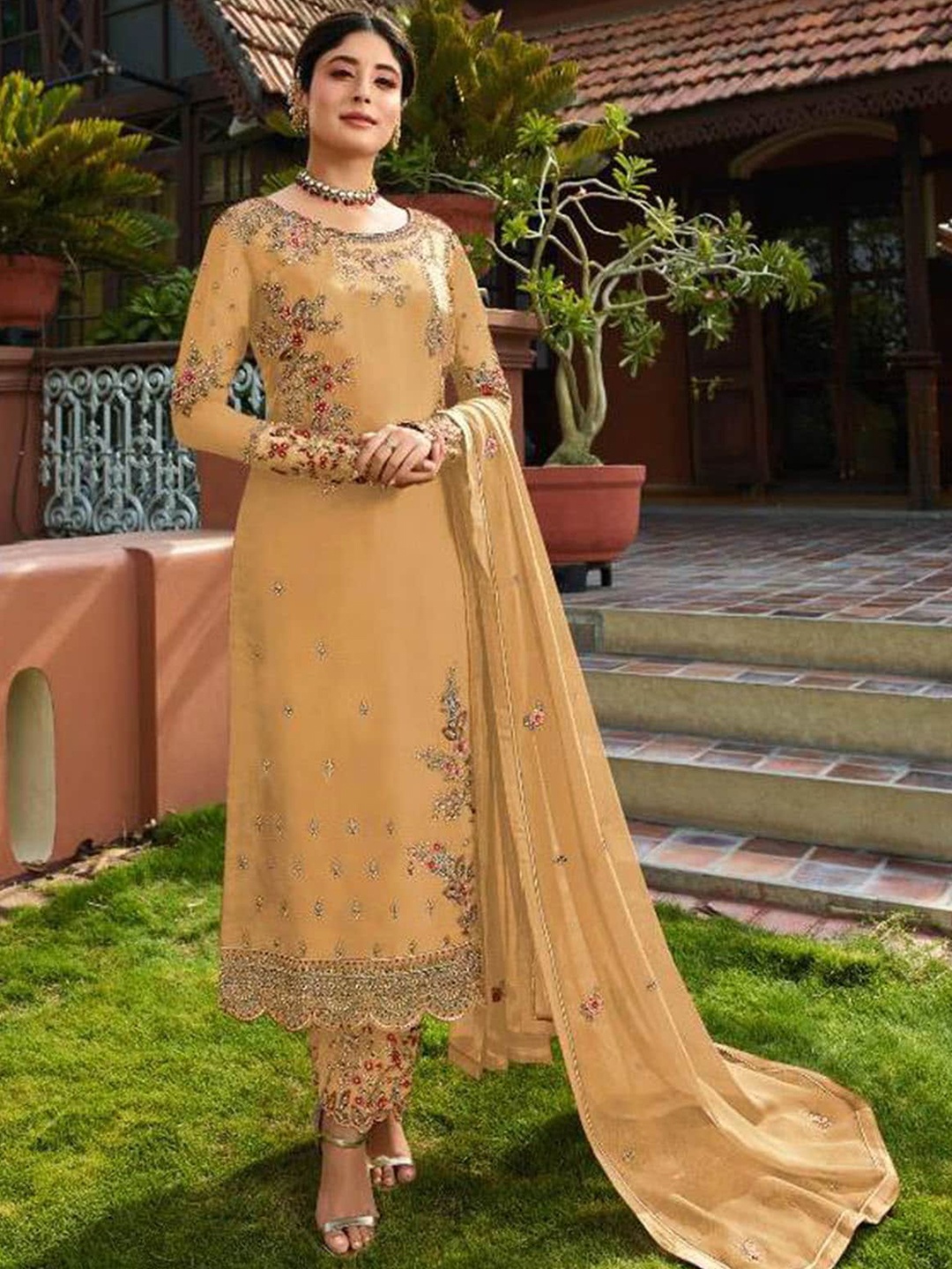 

ODETTE Ethnic Motifs Embroidered Semi-Stitched Dress Material, Mustard