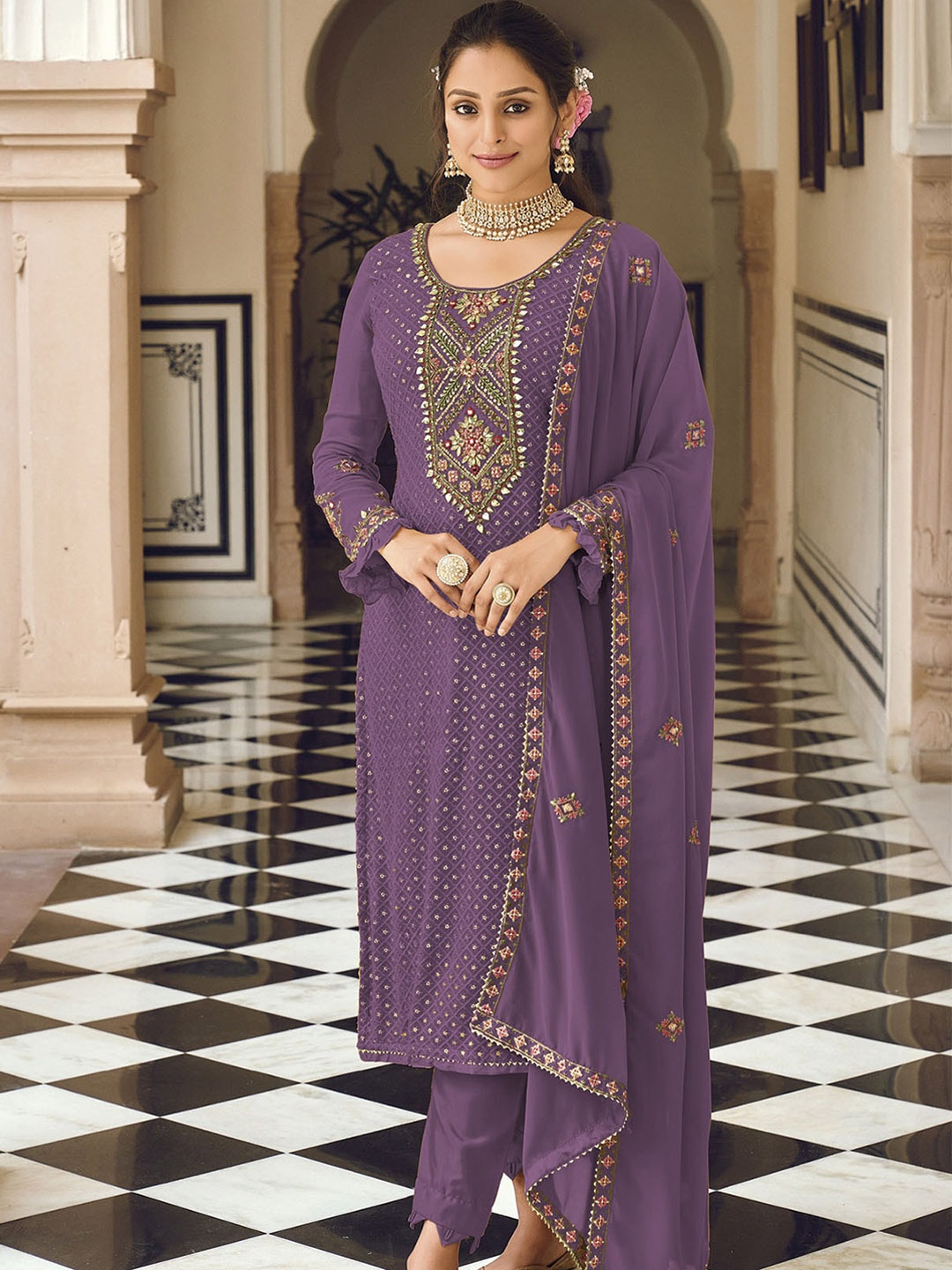 

ODETTE Ethnic Motifs Embroidered Sequinned Detail Semi-Stitched Dress Material, Purple