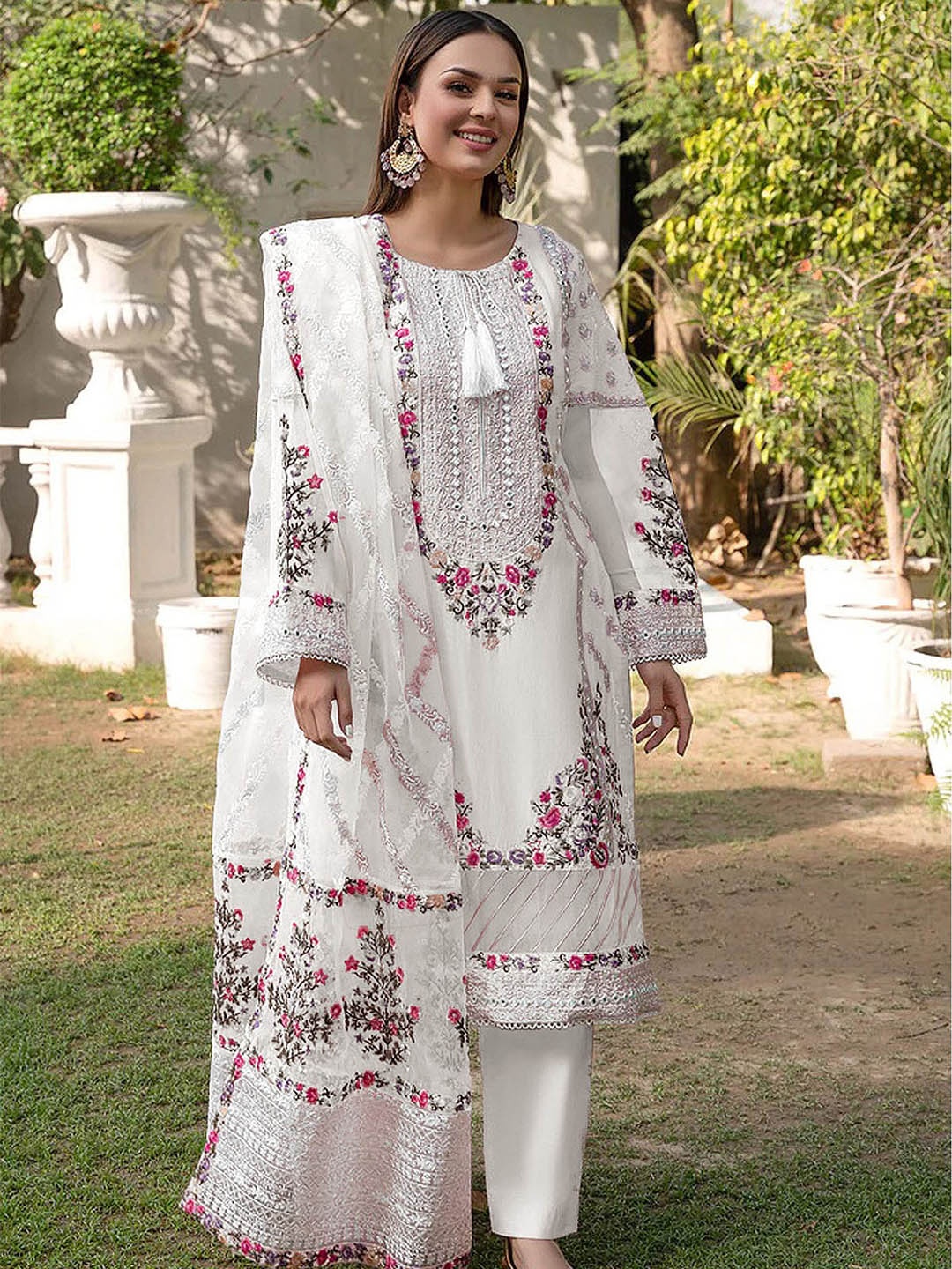 

ODETTE Ethnic Motifs Embroidered Semi-Stitched Dress Material, White
