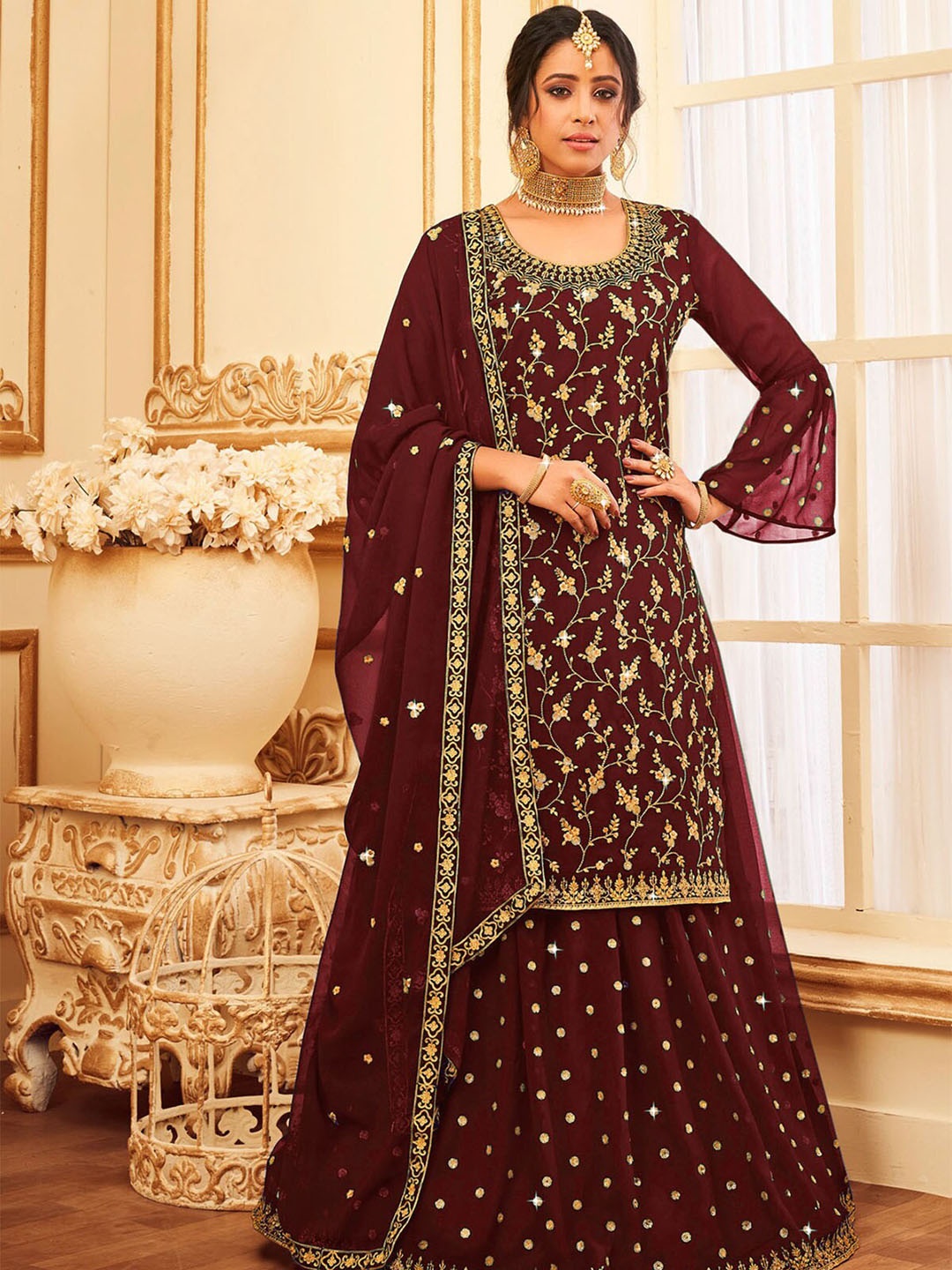 ODETTE Floral Embroidered Semi-Stitched Dress Material, Maroon