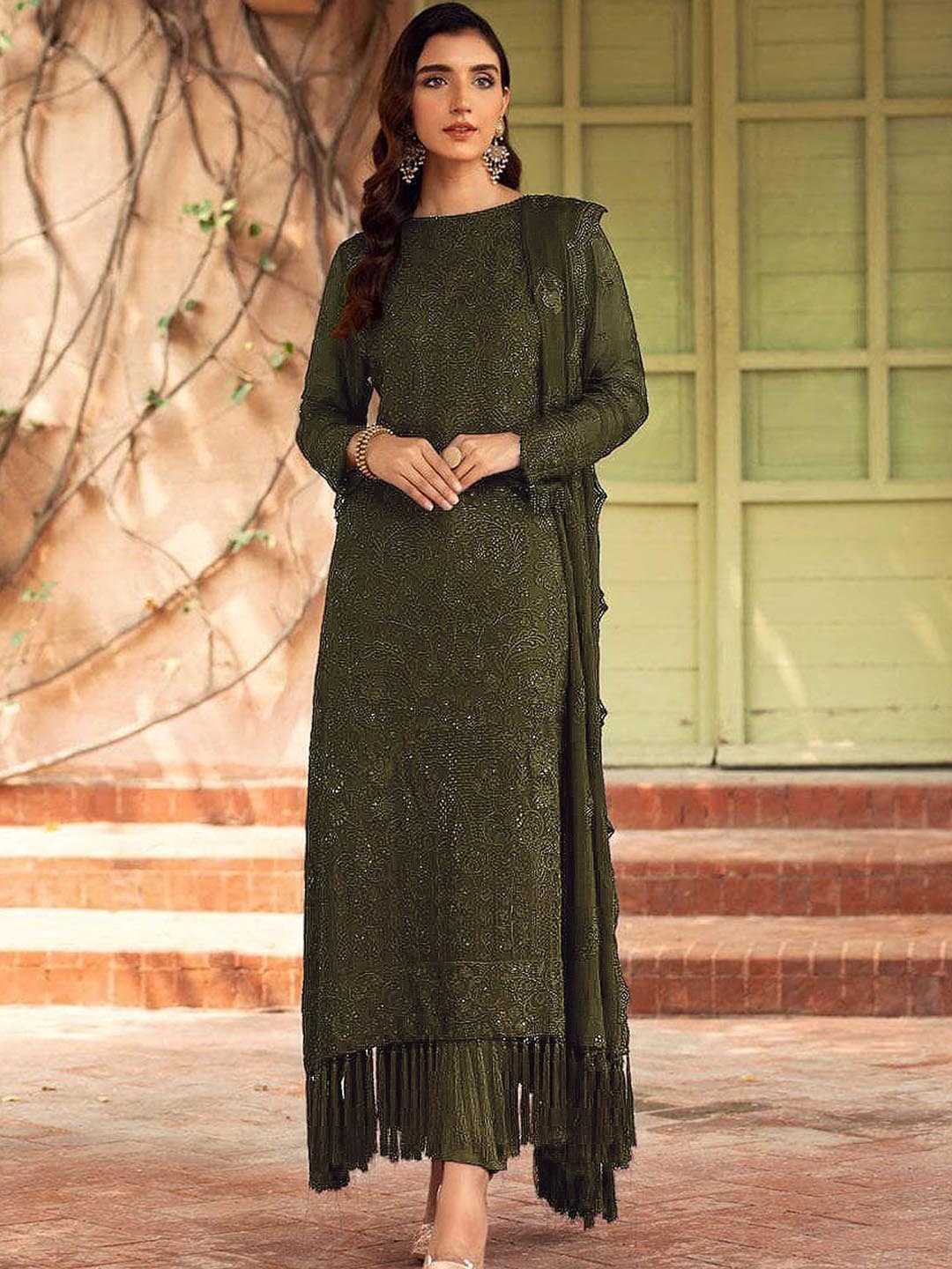 

ODETTE Ethnic Motifs Embroidered Sequinned Detail Semi-Stitched Dress Material, Olive