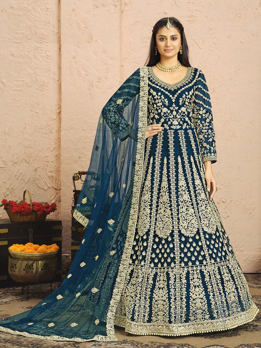 

ODETTE Women Blue Embroidered Net