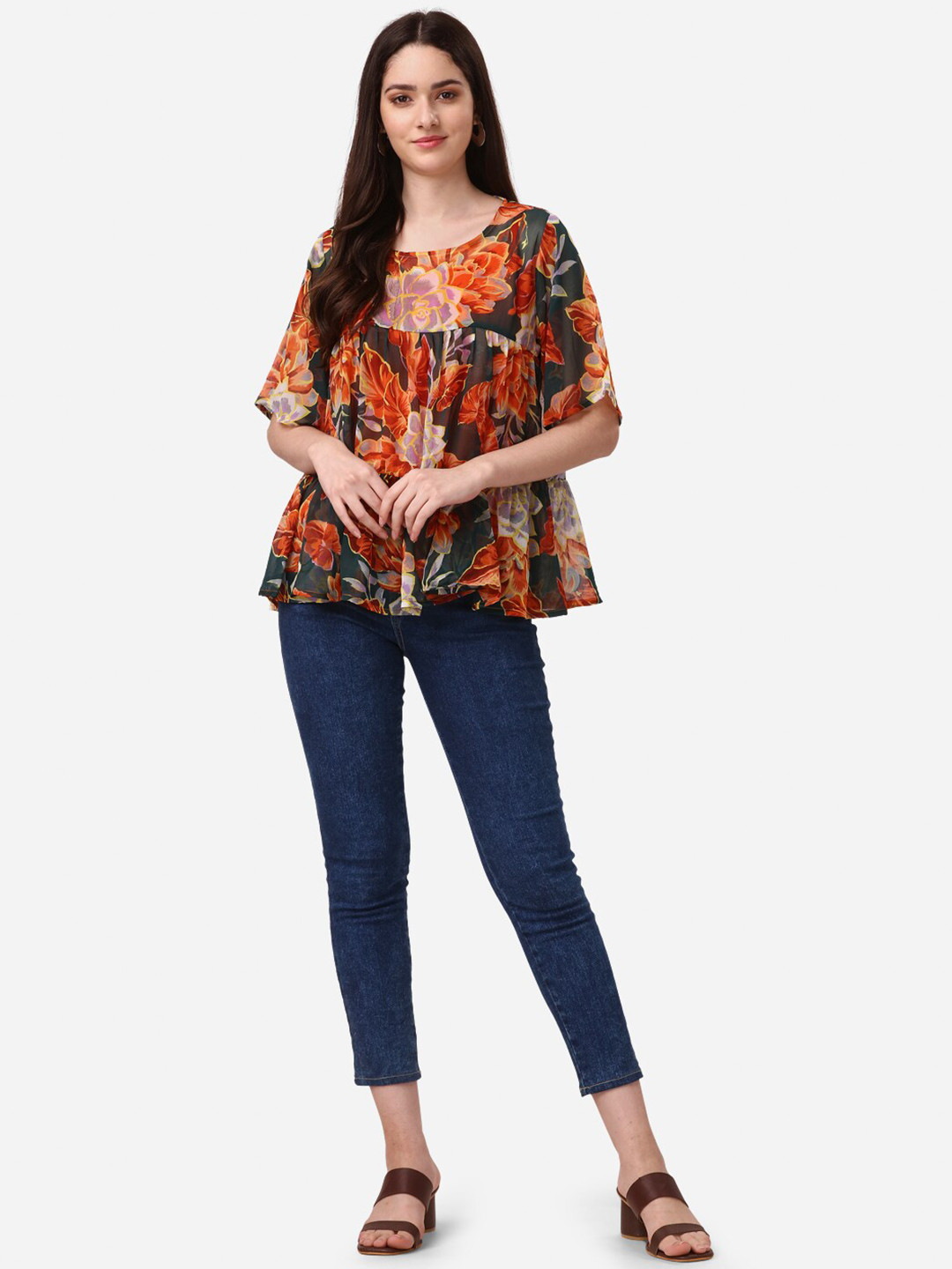 

Fashfun Round Neck Floral Printed Chiffon A-Line Top, Teal