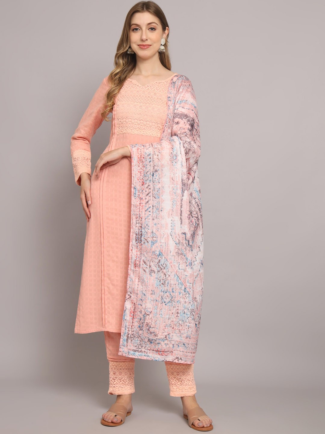 

Silai Bunai Women Peach-Coloured Kurta with Palazzos & With Dupatta