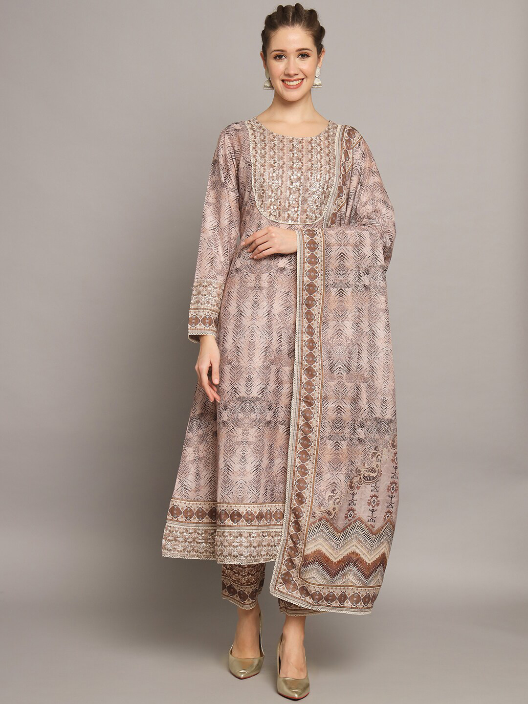 

Silai Bunai Women Tan Ethnic Motifs Printed Kurta with Trousers & With Dupatta