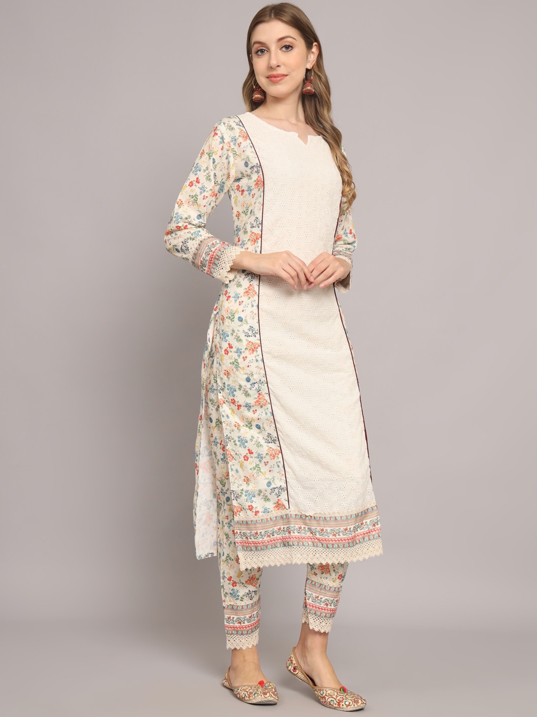 

Silai Bunai Women White Ethnic Motifs Printed Kurta with Trousers & With Dupatta