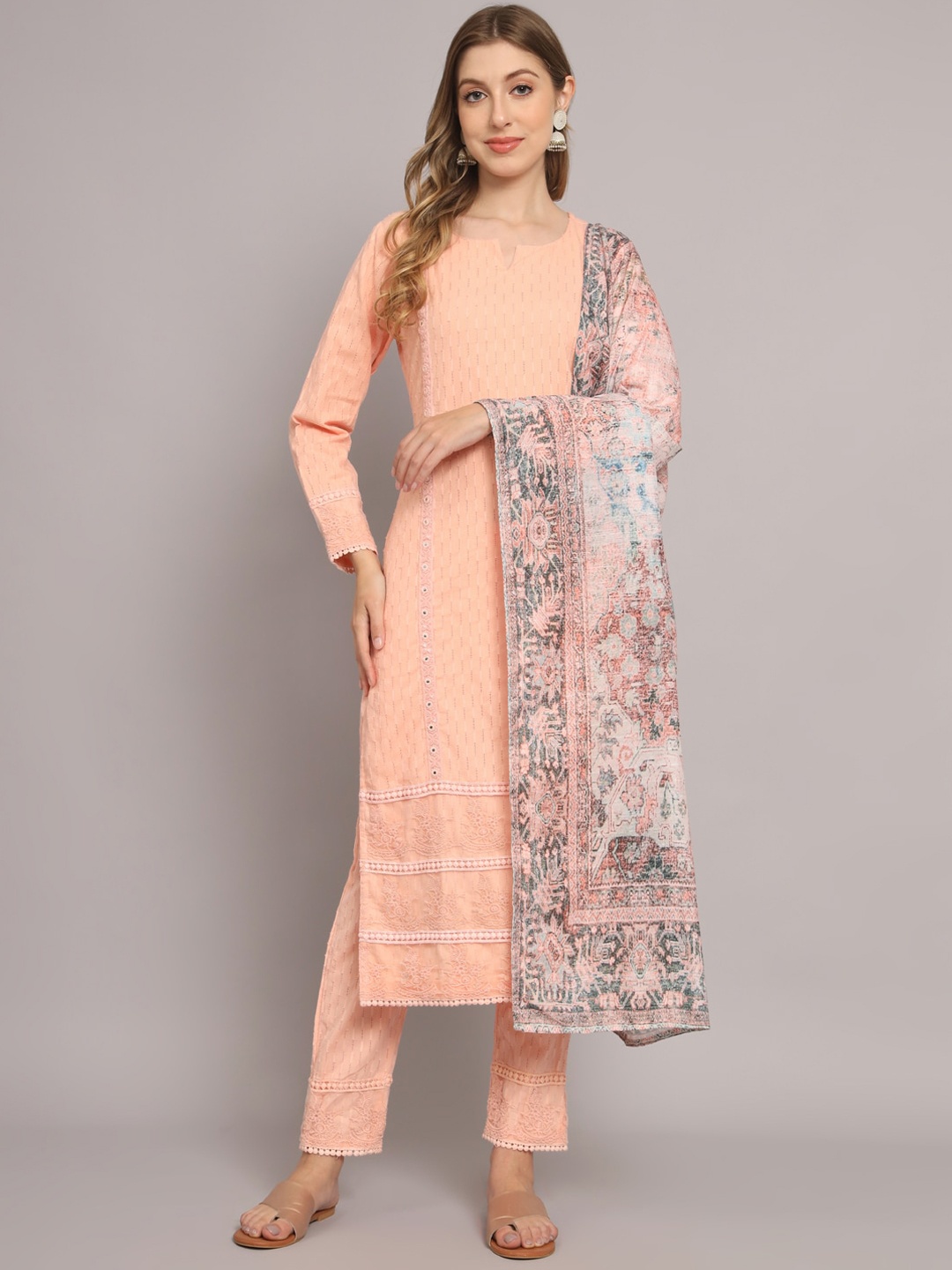 

Silai Bunai Women Peach-Coloured Ethnic Motifs Embroidered Kurta with Palazzos & With Dupatta