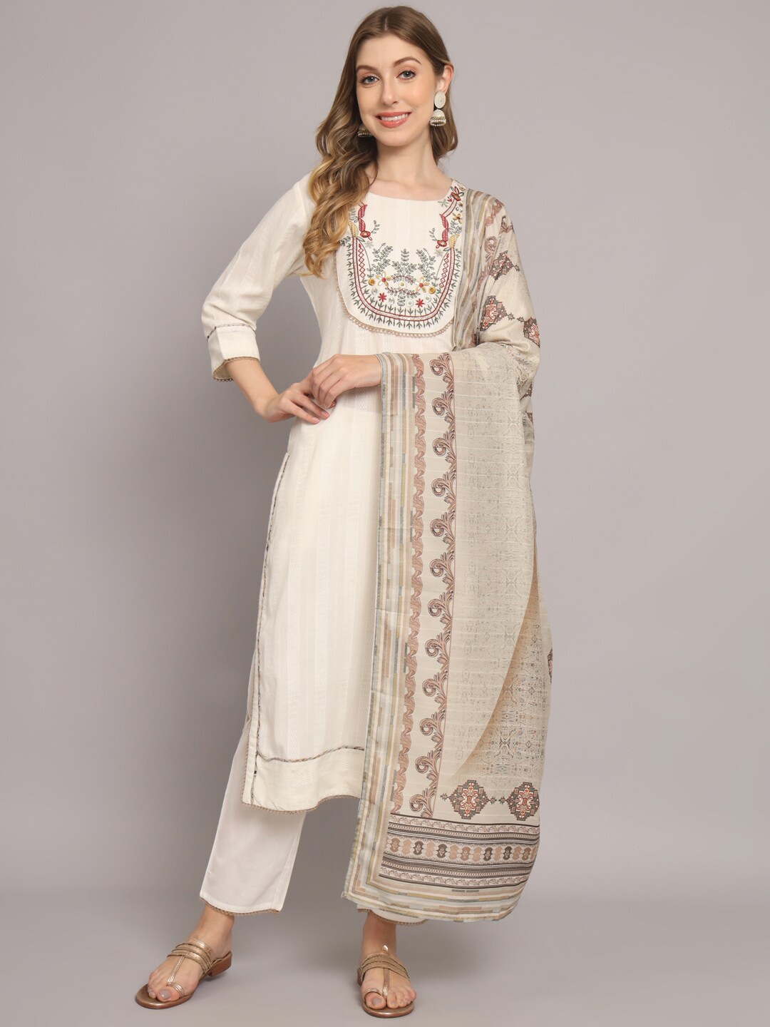 

Silai Bunai Women White Embroidered Kurta with Trousers & With Dupatta