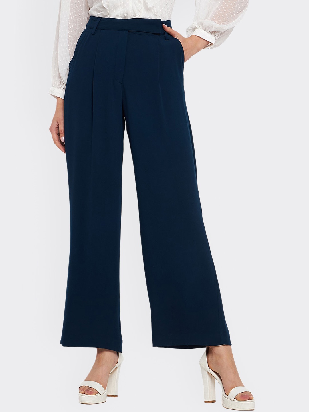

Antheaan Elit Women Classic Loose Fit High-Rise Pleated Trousers, Teal