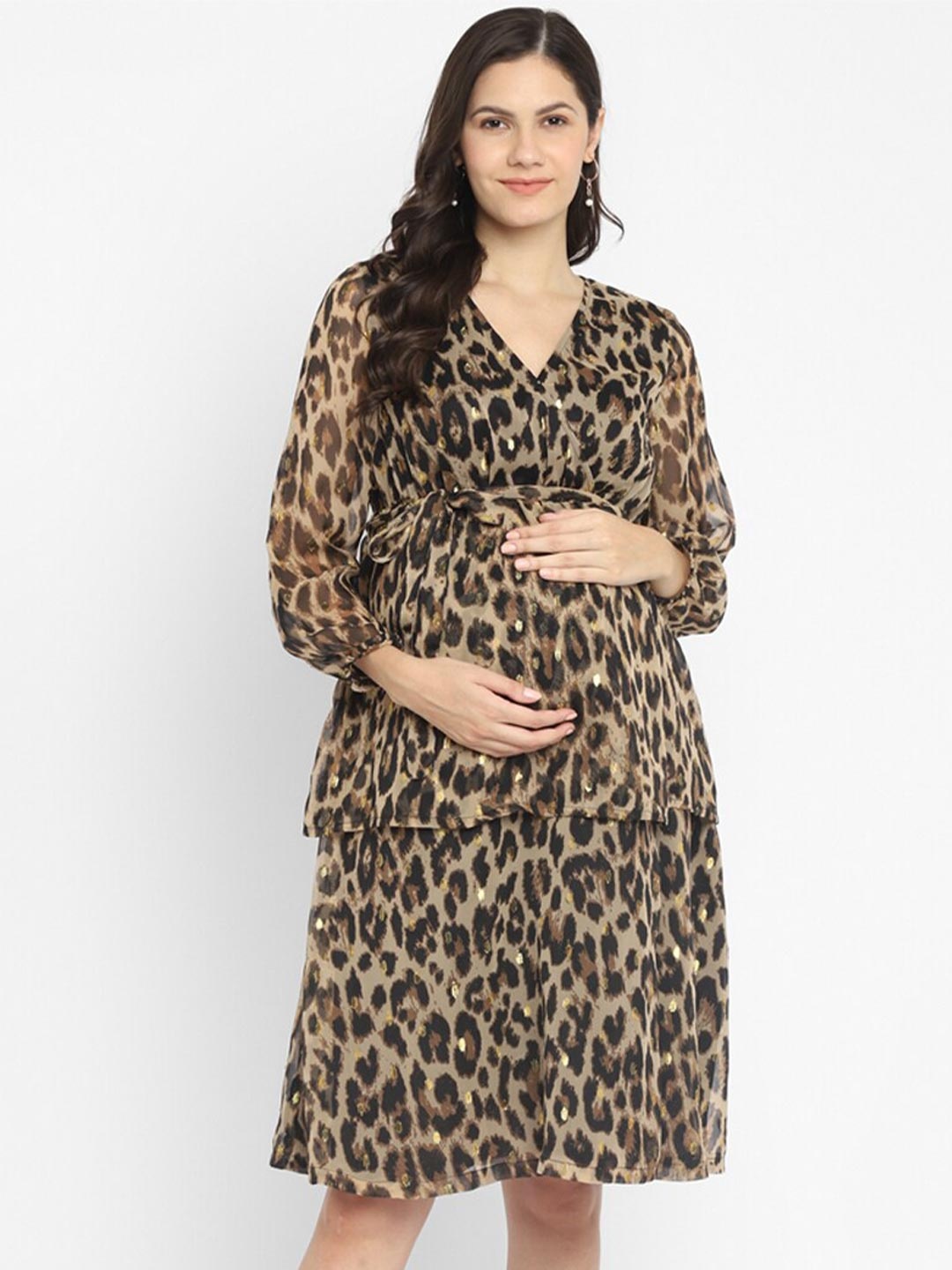 

Momsoon Maternity Animal Skin Puff Sleeve Belted Maternity Dress, Brown