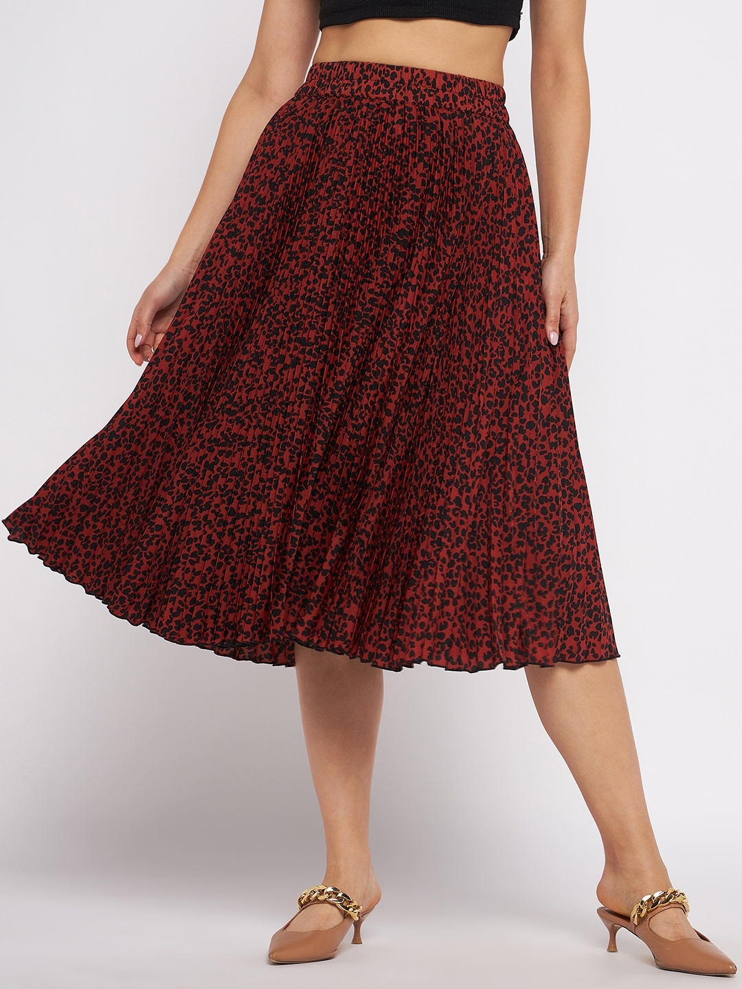 

Antheaan Elit Animal Printed Accordion Pleats Flared Knee length Slip-On Skirt, Red
