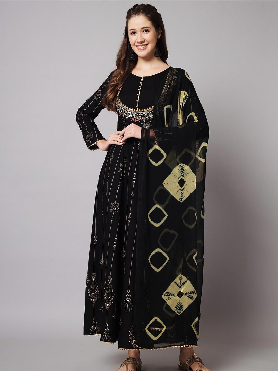 

Meeranshi Black Ethnic Motifs Choker Neck Applique Maxi Dress