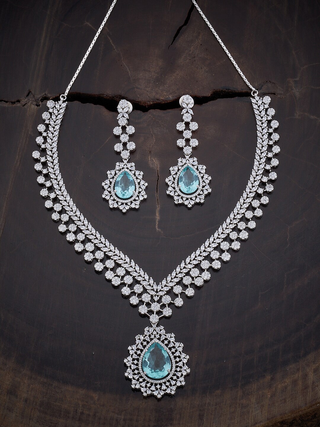 

Kushal's Fashion Jewellery Rhodium-Plated CZ-Studded Jewellery Set, Sea green