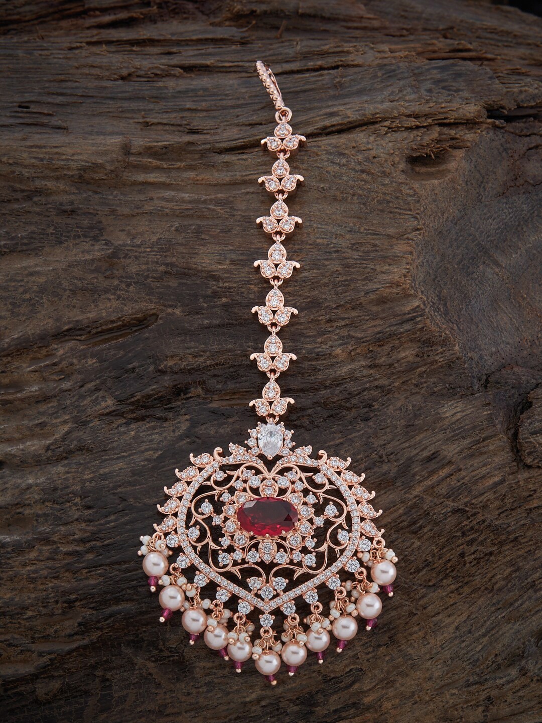 

Kushal's Fashion Jewellery Rose Gold-Plated Stone-Studded & Beaded Maang Tikka, Pink