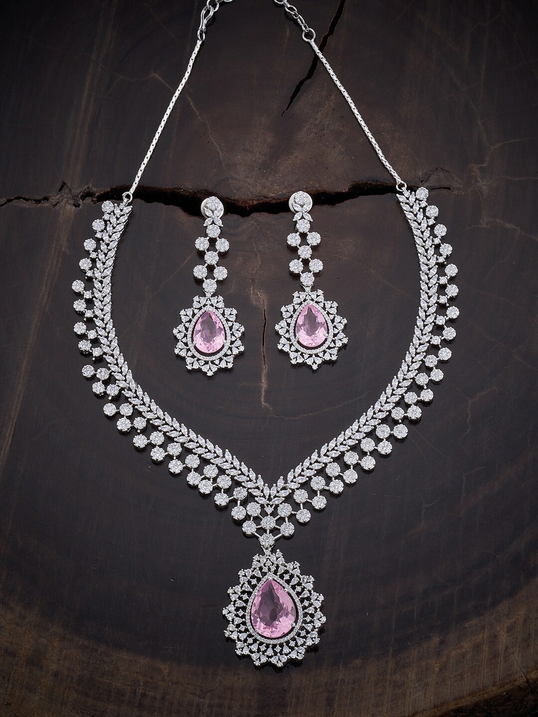 

Kushal's Fashion Jewellery Rhodium-Plated CZ-Studded Jewellery Set, Silver