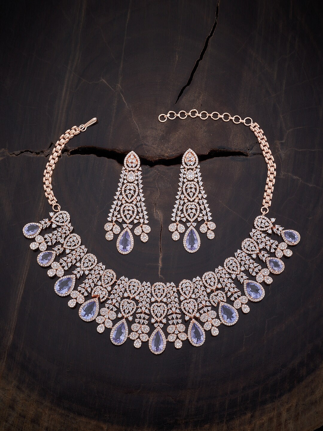 

Kushal's Fashion Jewellery Rose Gold-Plated & CZ-Studded Necklace & Earrings Set, Blue