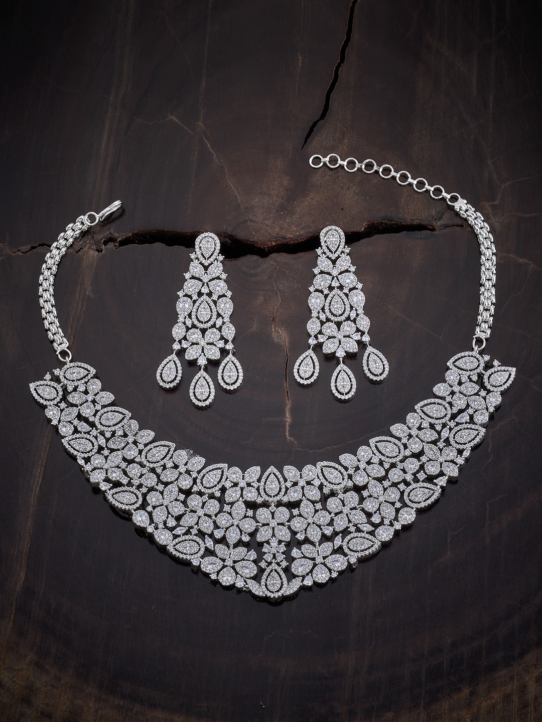 

Kushal's Fashion Jewellery Rhodium-Plated CZ-Studded & Beaded Necklace & Earrings Set, Silver