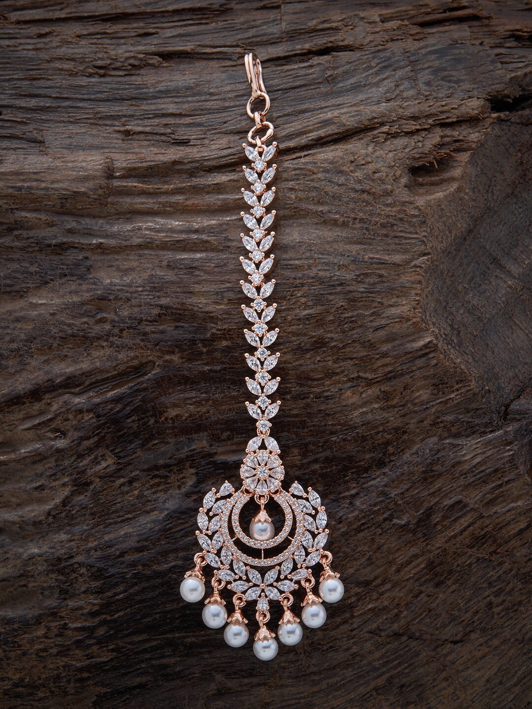 

Kushal's Fashion Jewellery Rose Gold-Plated CZ Studded & Beaded Maang Tikka, White