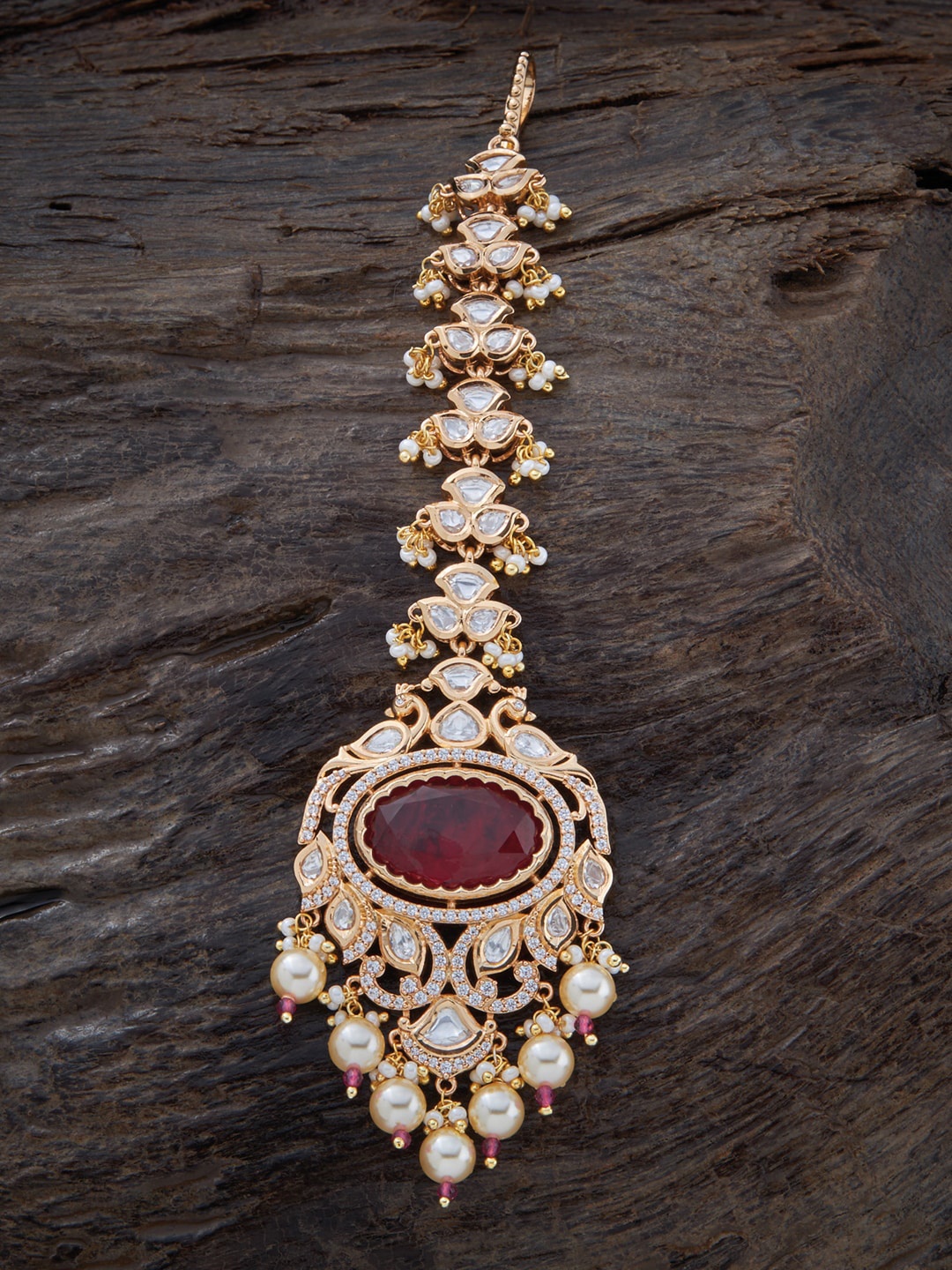 

Kushal's Fashion Jewellery Gold-Plated Kundan Studded & Beaded Maang Tikka, Maroon