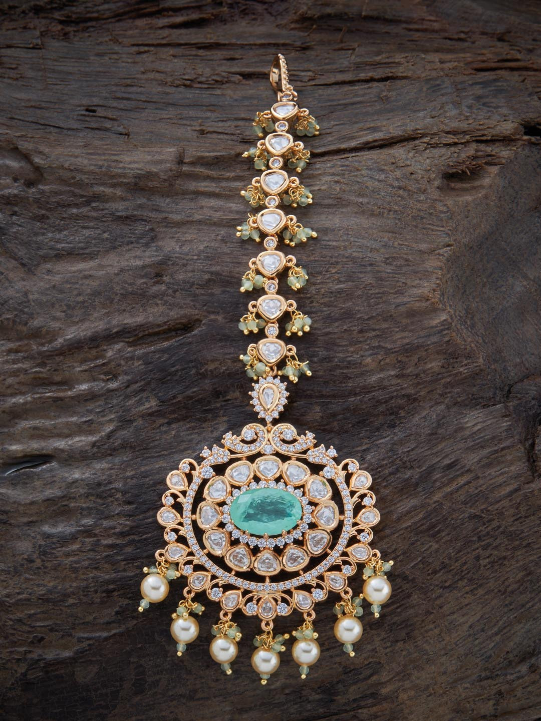 

Kushal's Fashion Jewellery Gold-Plated Kundan-Studded & Beaded Maang Tikka, Sea green
