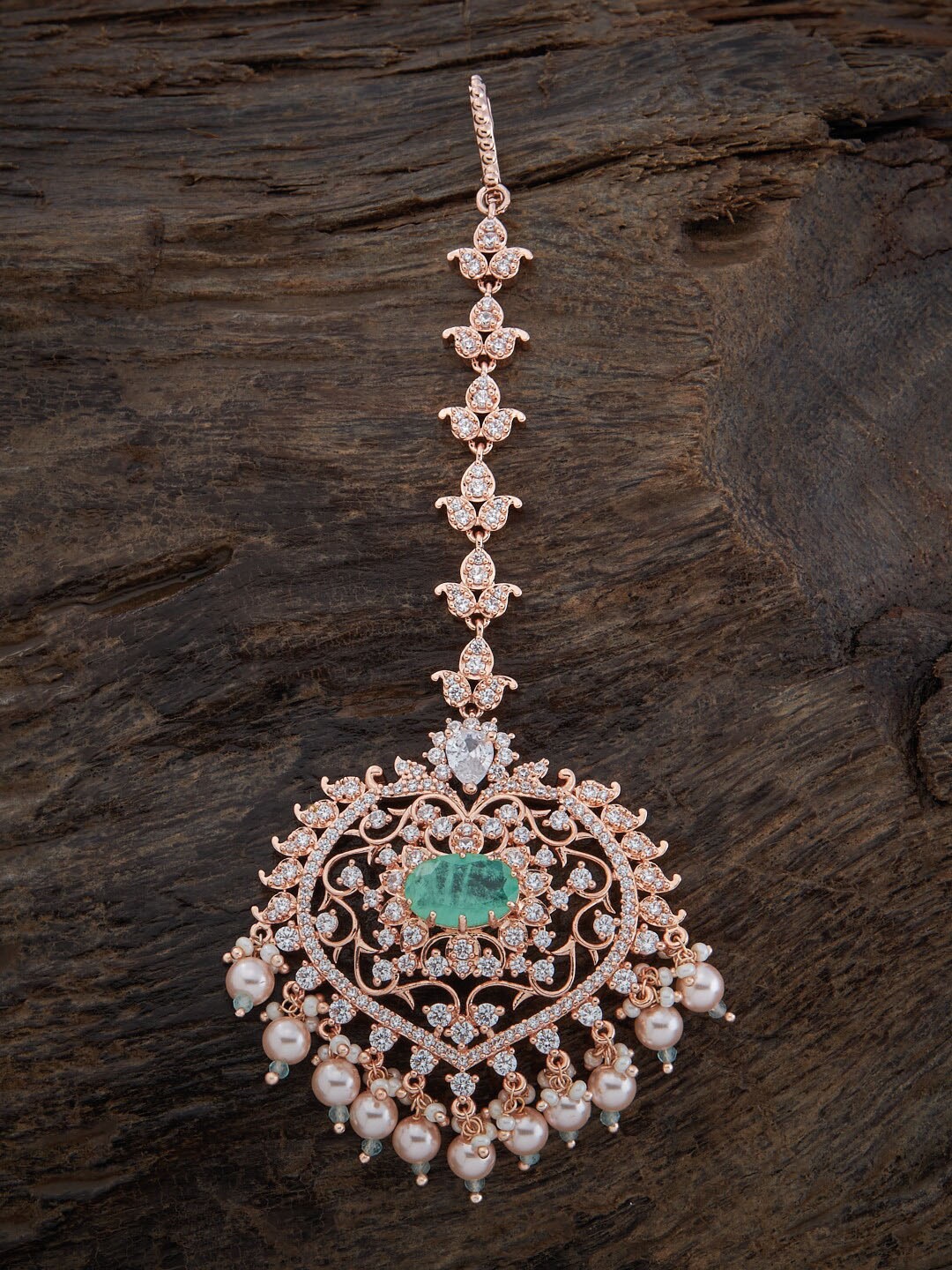 

Kushal's Fashion Jewellery Rose Gold-Plated Stone-Studded & Beaded Maang Tikka, Sea green