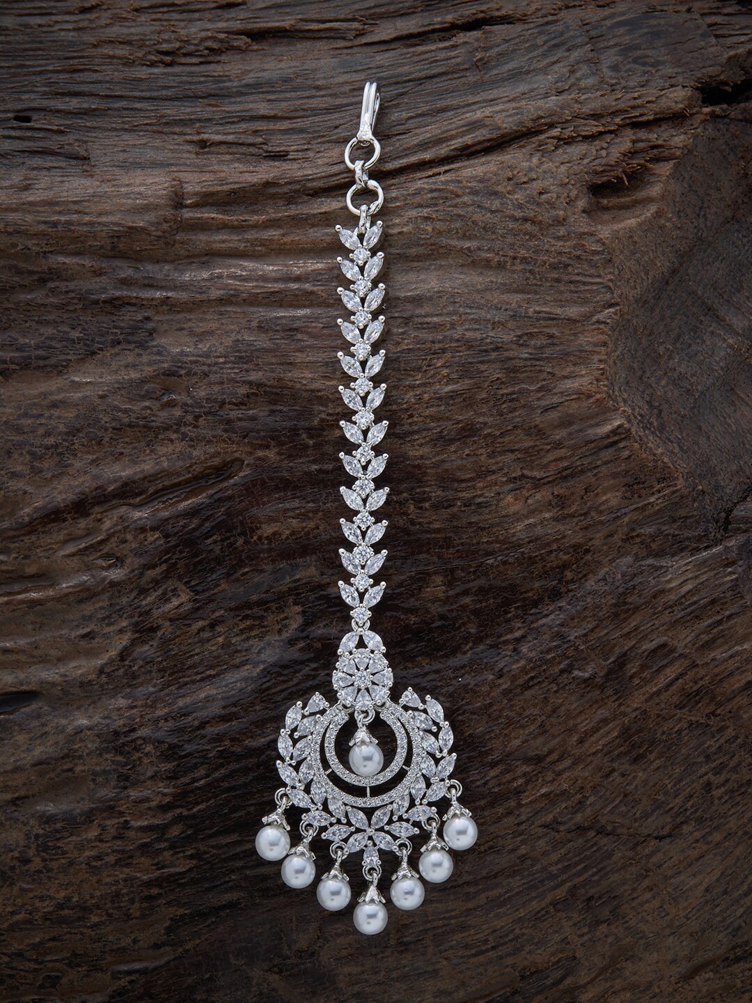 

Kushal's Fashion Jewellery Rhodium-Plated CZ-Studded & Beaded Maang Tikka, Silver