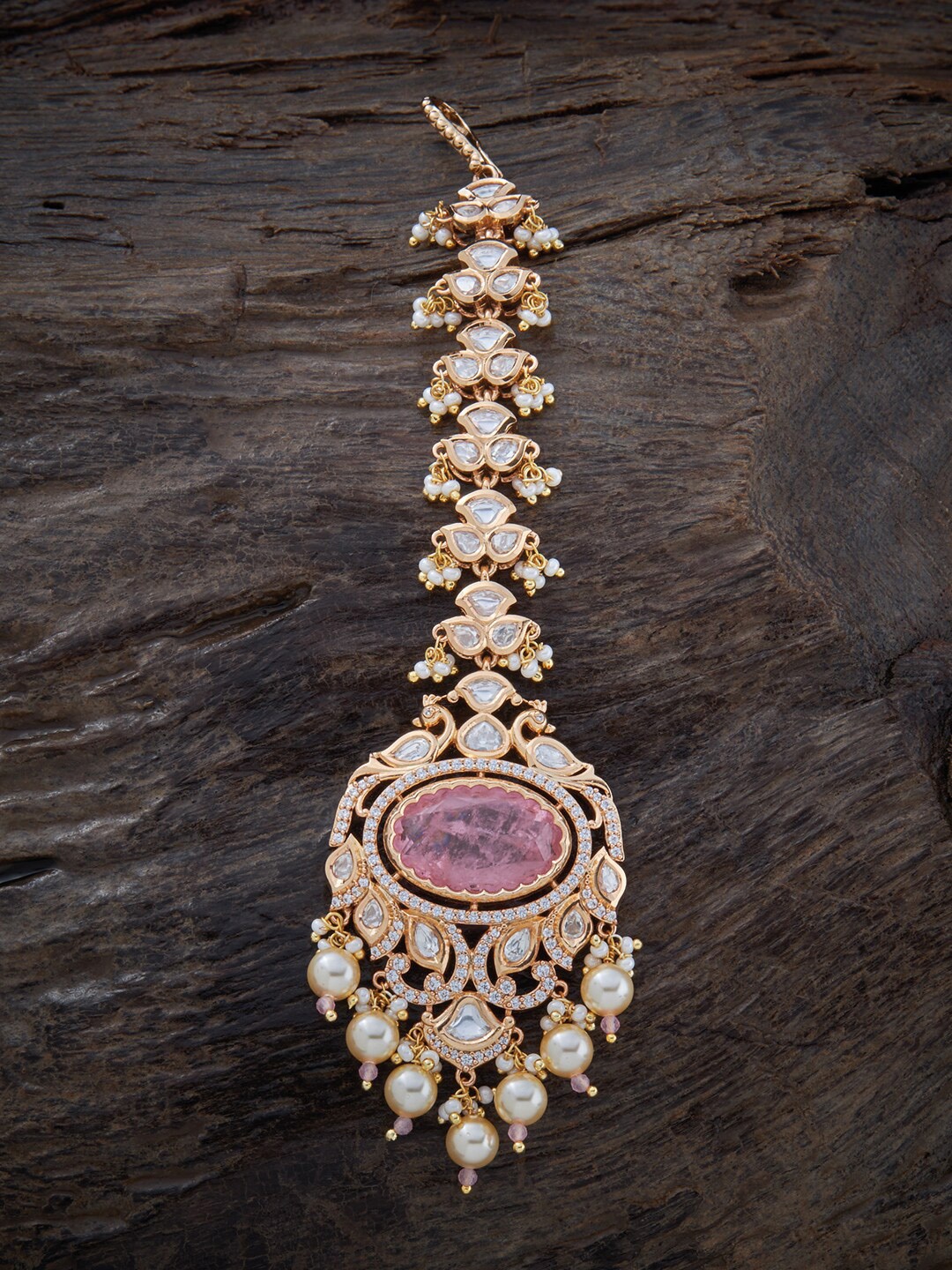 

Kushal's Fashion Jewellery Gold-Plated Kundan-Studded & Beaded Maang Tikka, Pink