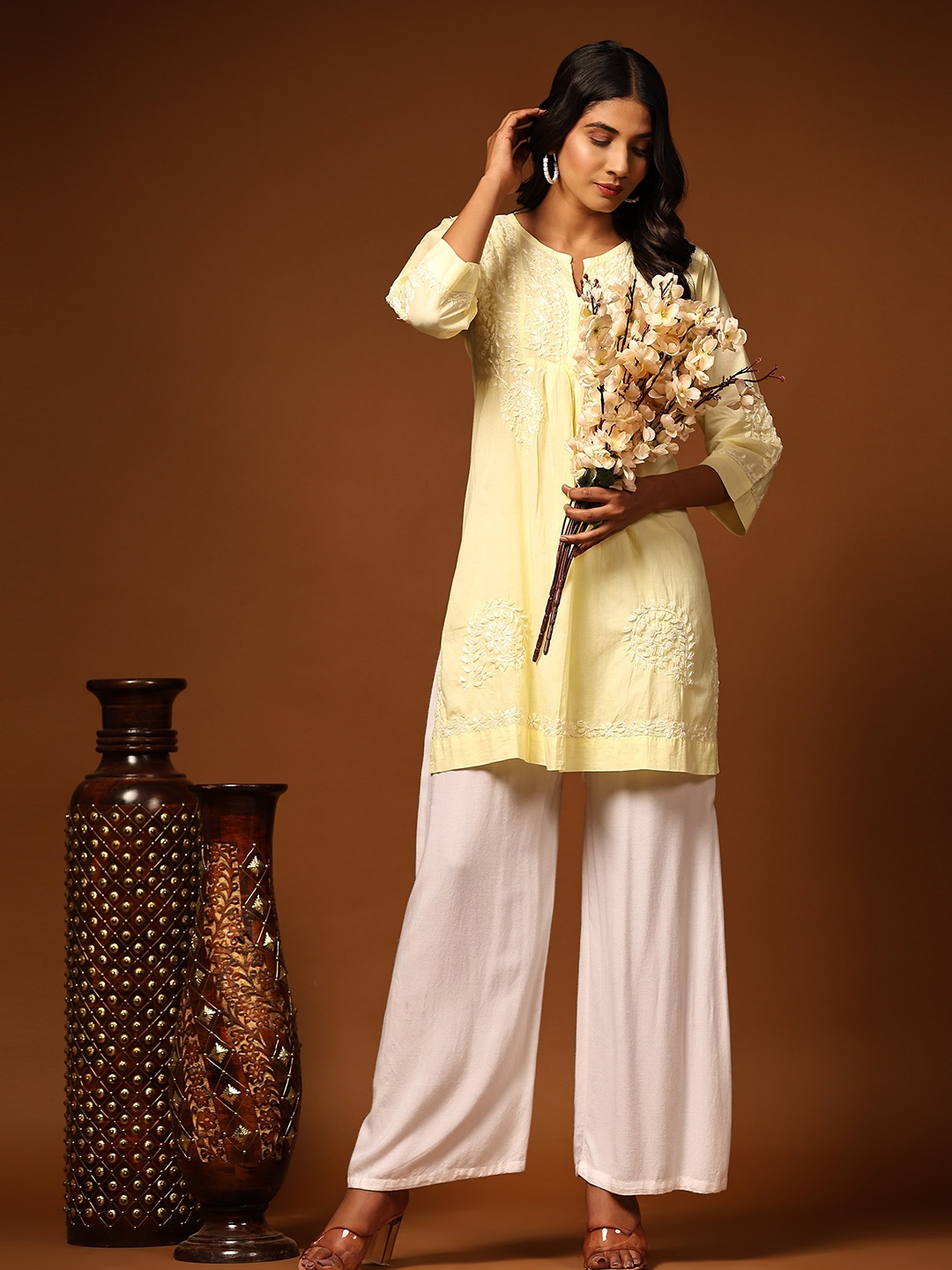 

HOUSE OF KARI Floral Embroidered Round Neck A-Line Kurti, Yellow