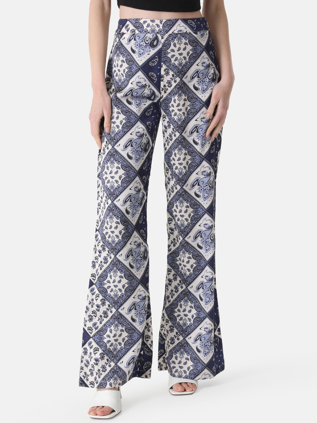 

Kazo Women Ethnic Motifs Printed Flared High-Rise Bootcut Trousers, Blue