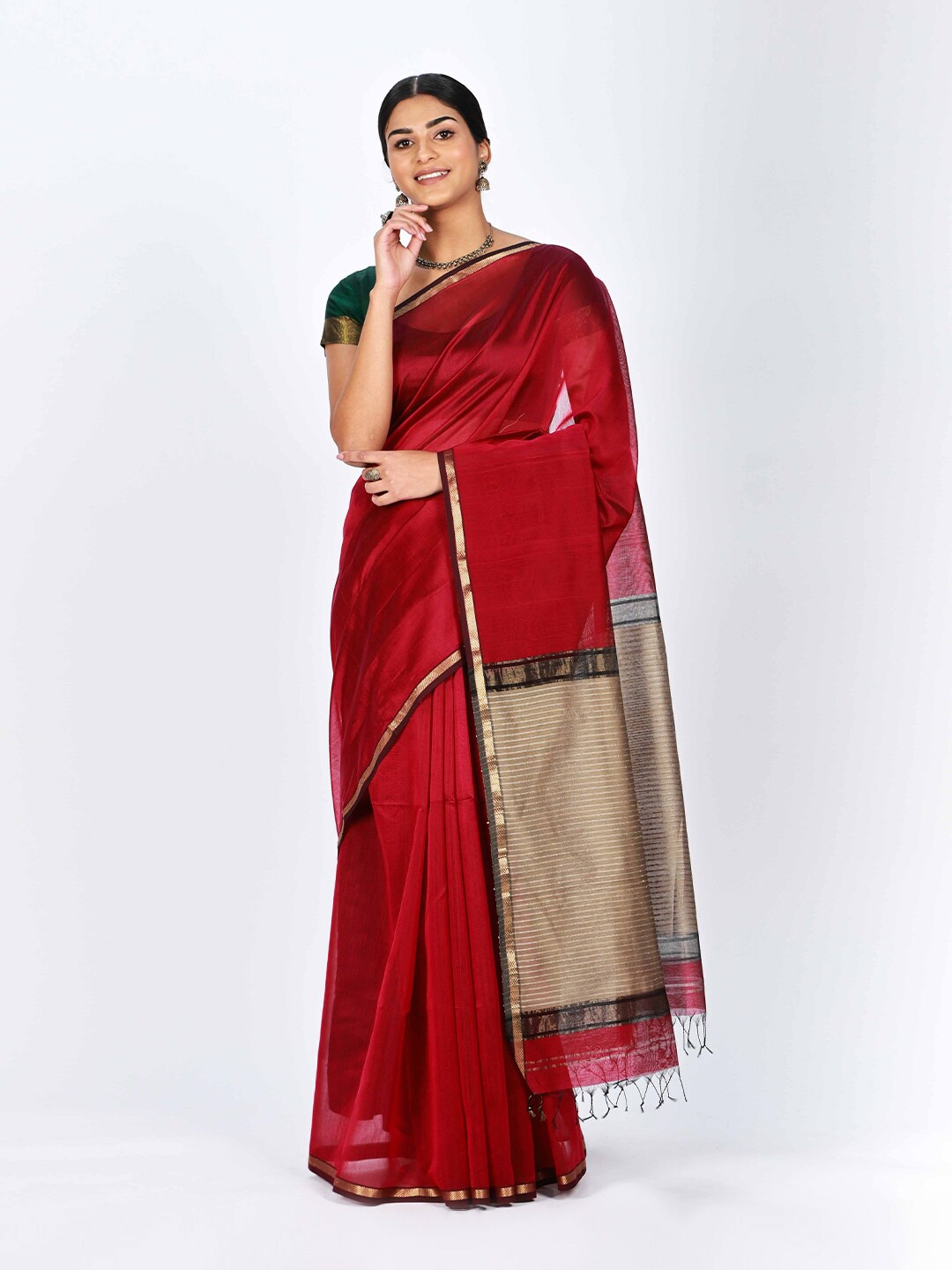 

ReshaWeaves Zari Silk Cotton Maheshwari Saree, Red