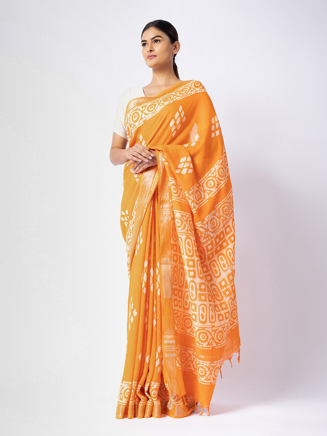 

ReshaWeaves Orange & White Ethnic Motifs Zari Pure Linen Saree
