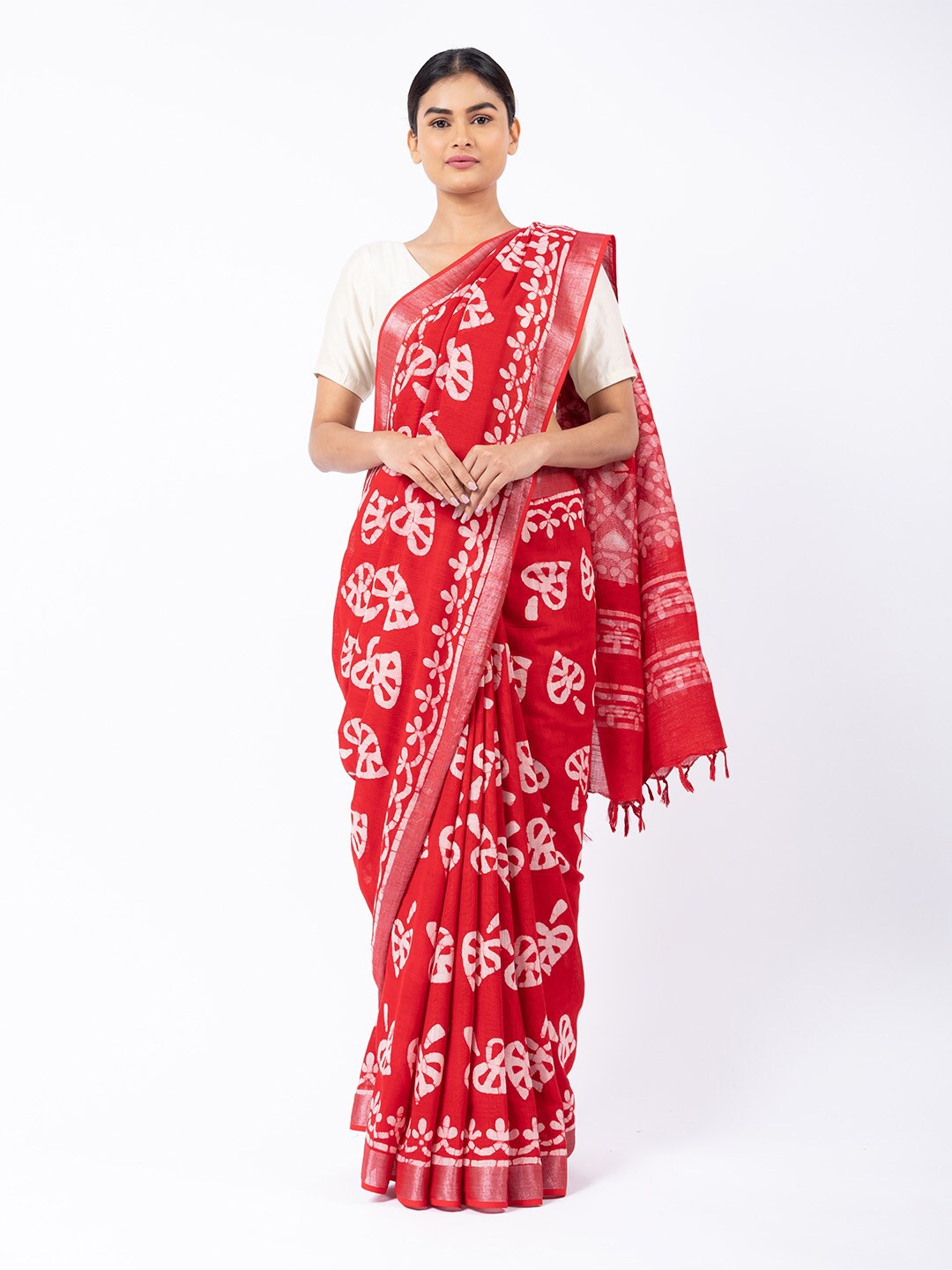 

ReshaWeaves Red & White Ethnic Motifs Zari Pure Linen Saree