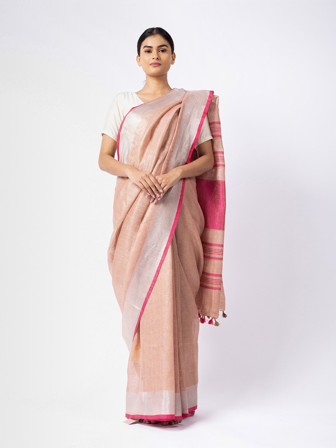 

ReshaWeaves Pink & Peach-Coloured Zari Pure Linen Saree