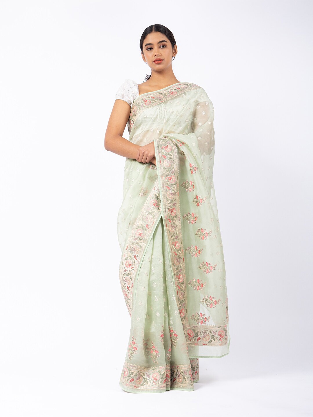 

ReshaWeaves Floral Embroidered Organza Banarasi Saree, Green