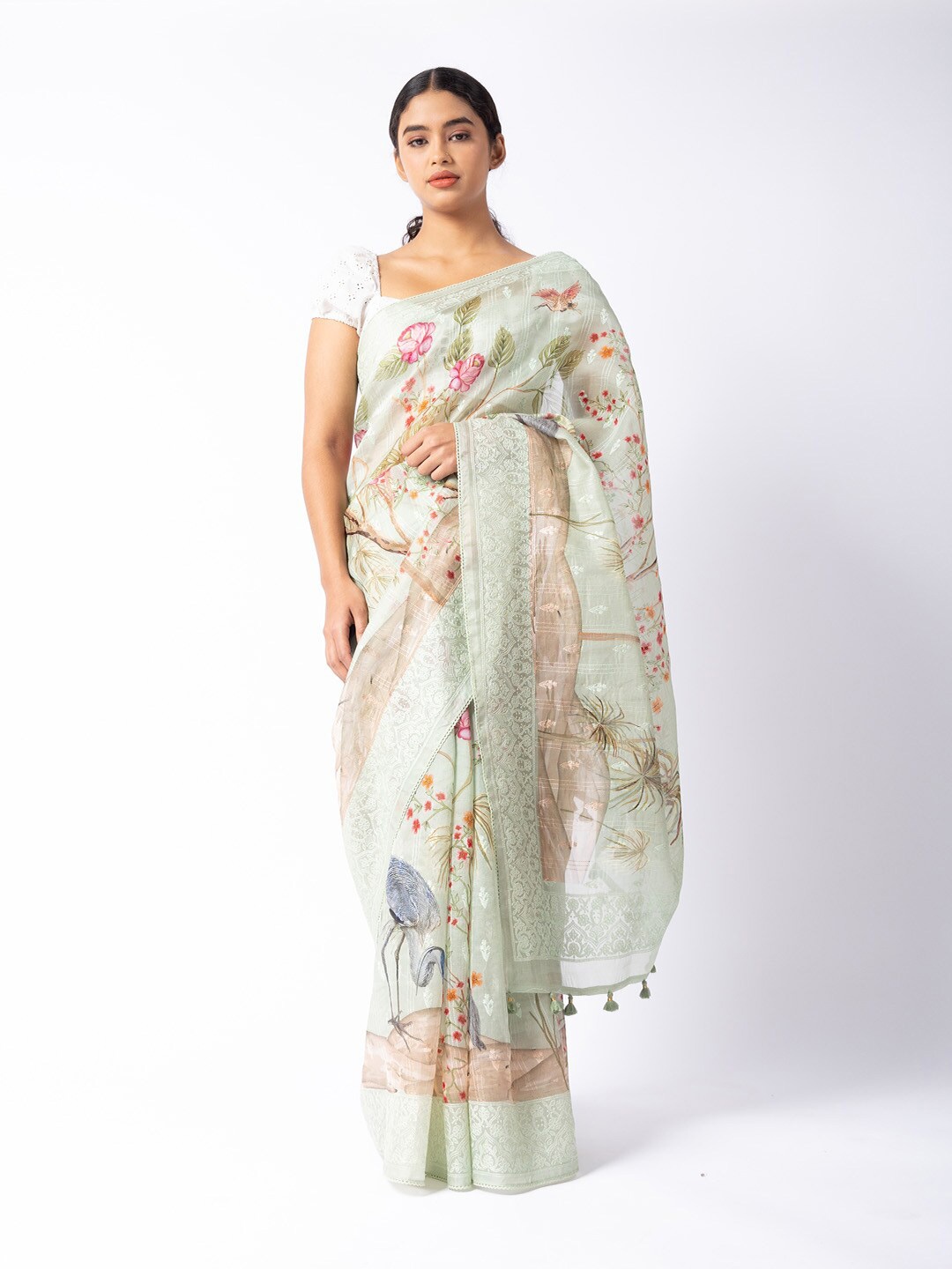 

ReshaWeaves Floral Organza Banarasi Saree, Green