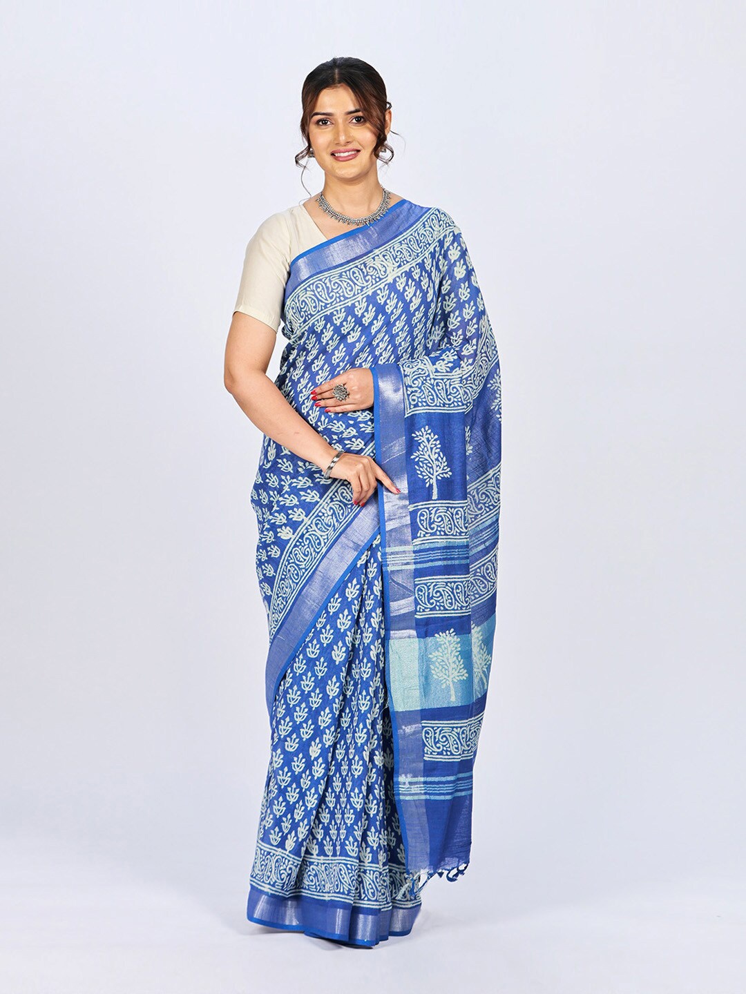 

ReshaWeaves Ethnic Motifs Printed Zari Pure Linen Saree, Blue