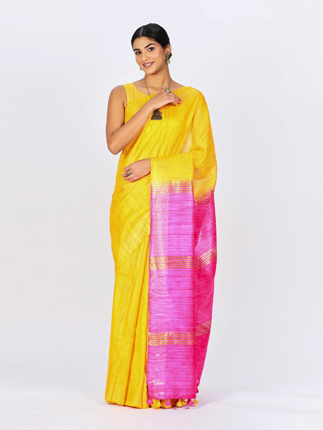

ReshaWeaves Zari Pure Silk Tussar Saree, Yellow