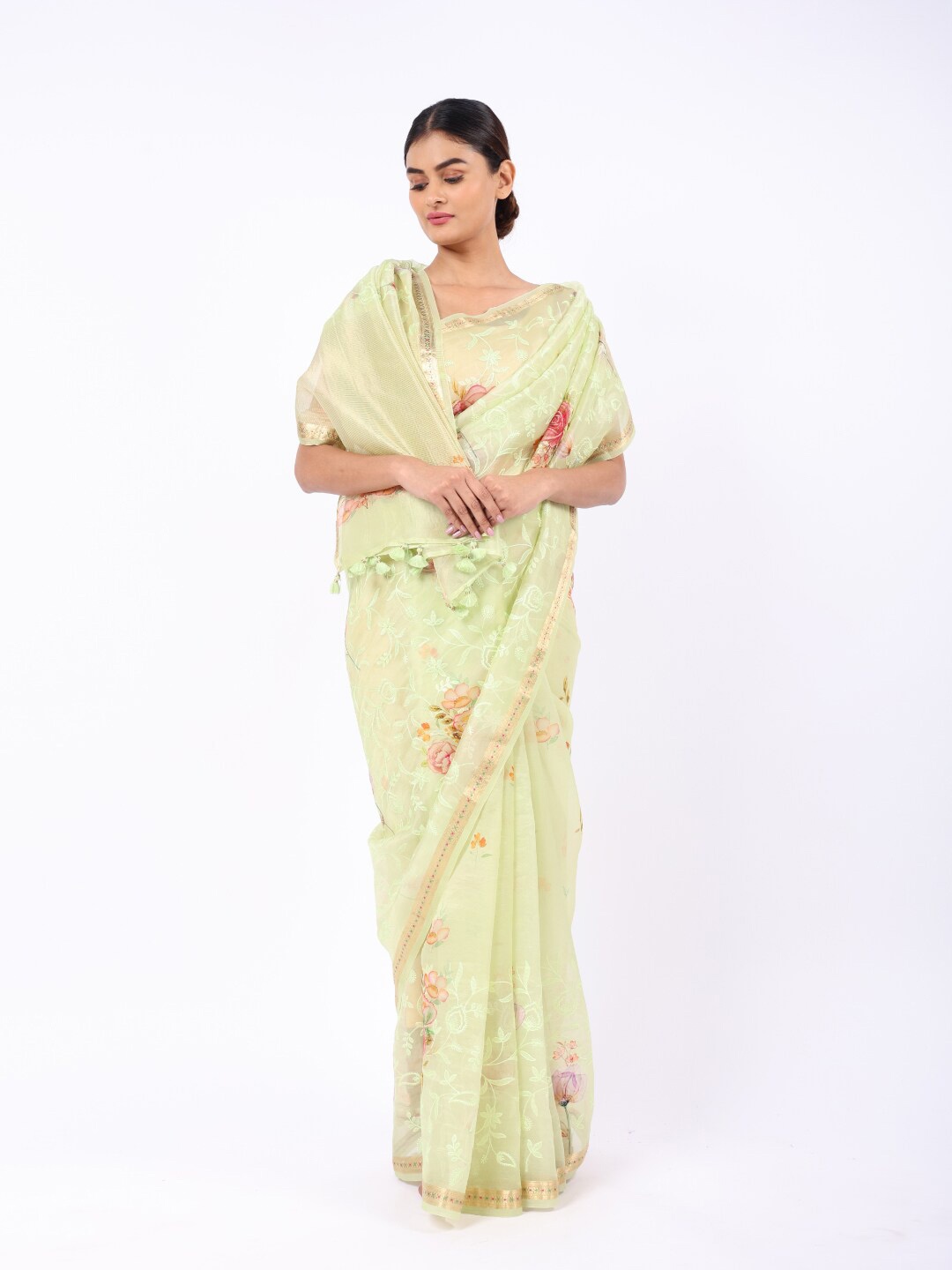 

ReshaWeaves Floral Zari Organza Banarasi Saree With Tassle Border, Green