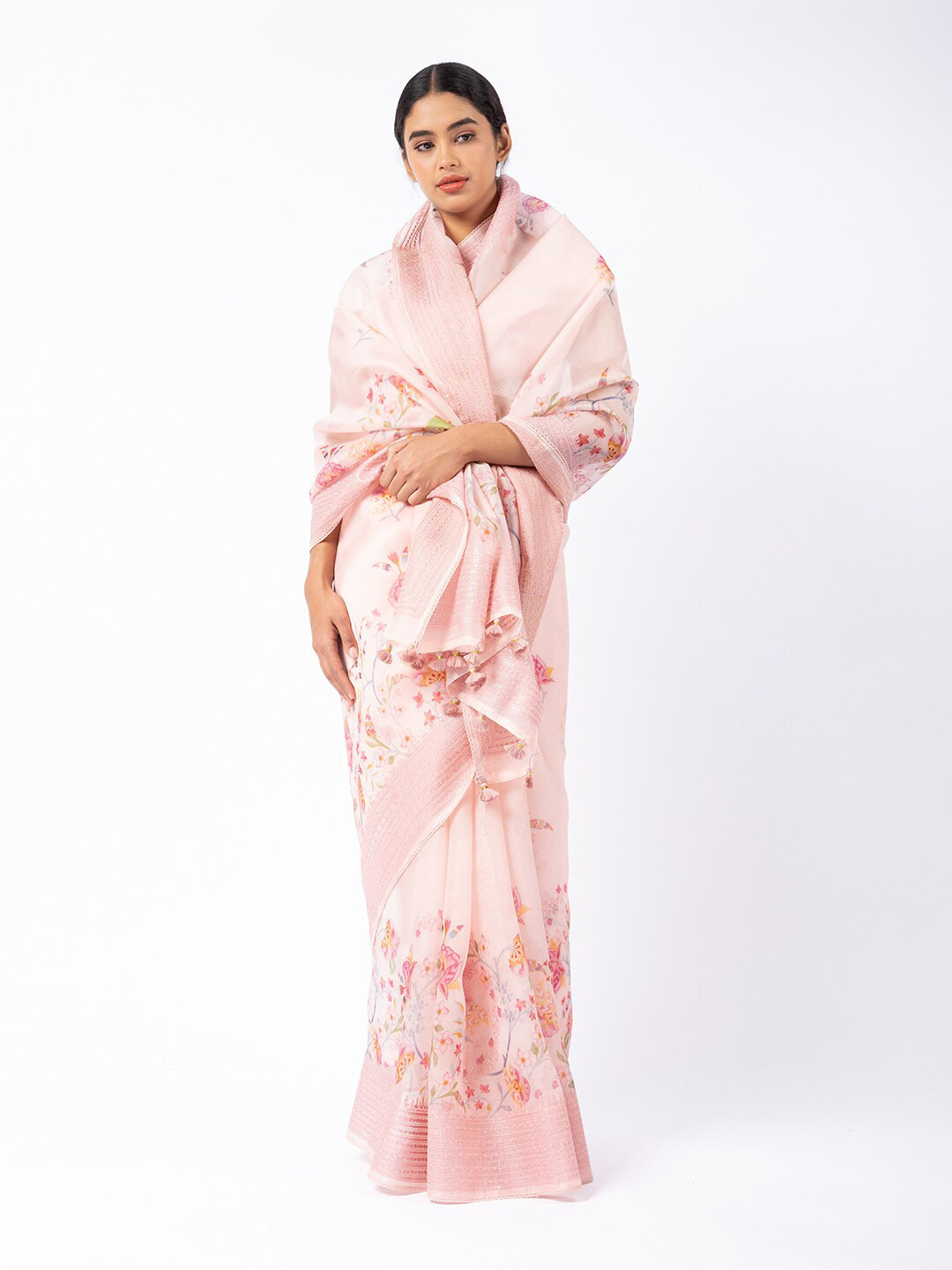 

ReshaWeaves Floral Printed Banarasi Saree, Pink