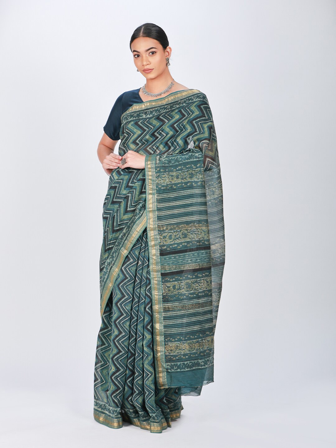 

ReshaWeaves Chevron Block Print Zari Silk Cotton Saree, Blue