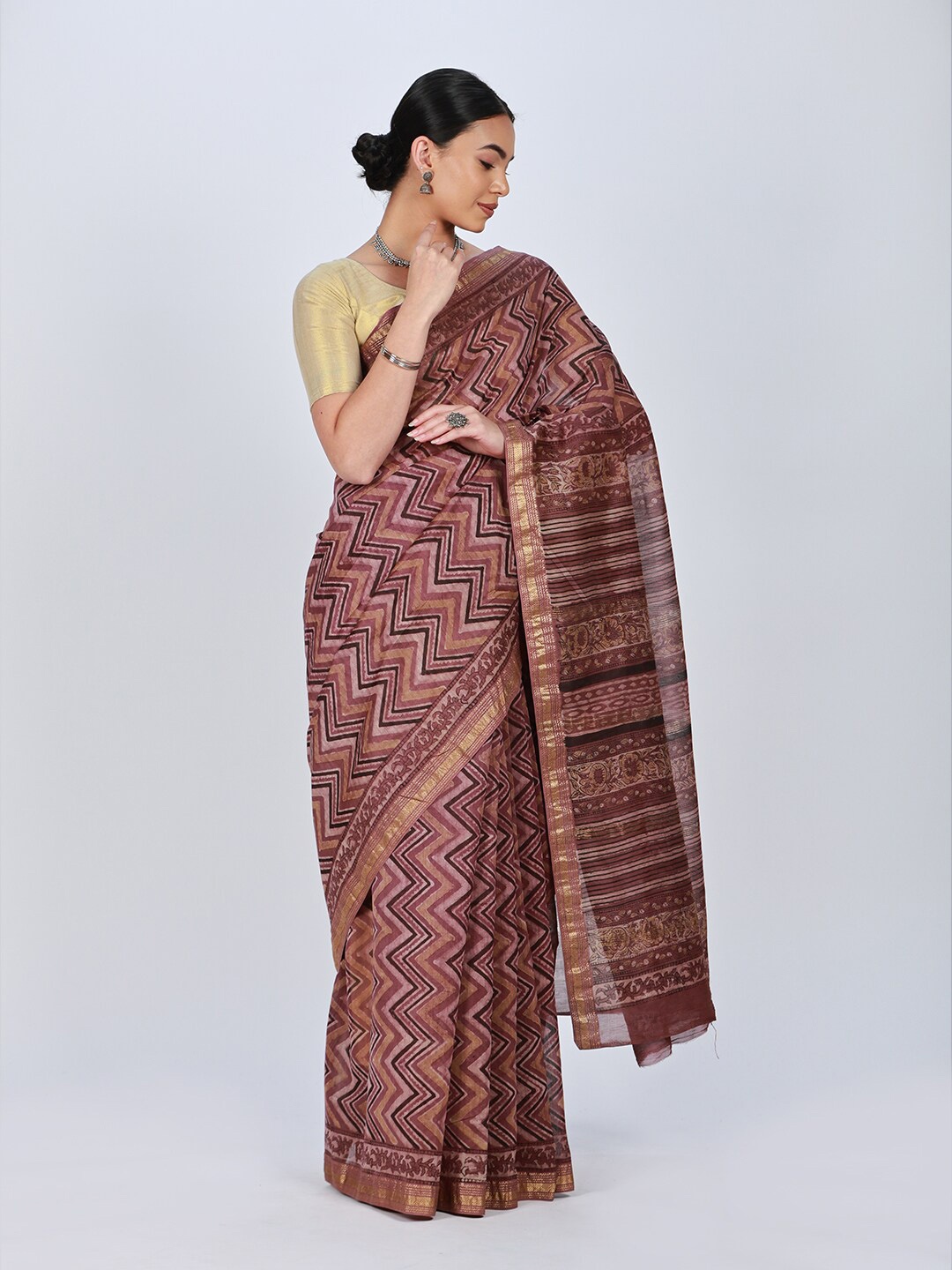 

ReshaWeaves Chevron Block Print Zari Silk Cotton Saree, Brown