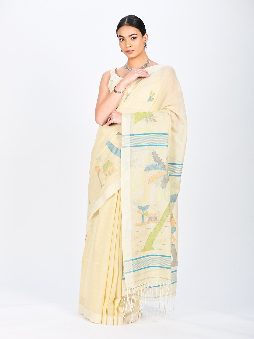 

ReshaWeaves Pure Cotton Jamdani Saree, Beige