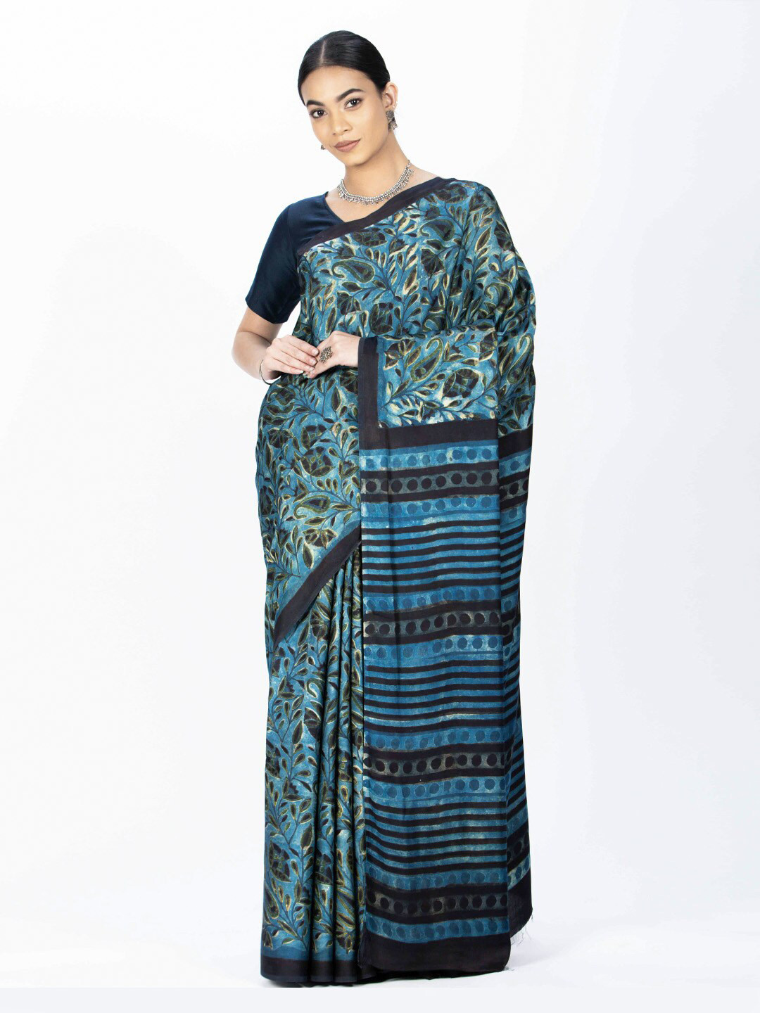 

ReshaWeaves Pure Silk Block Print Saree, Blue