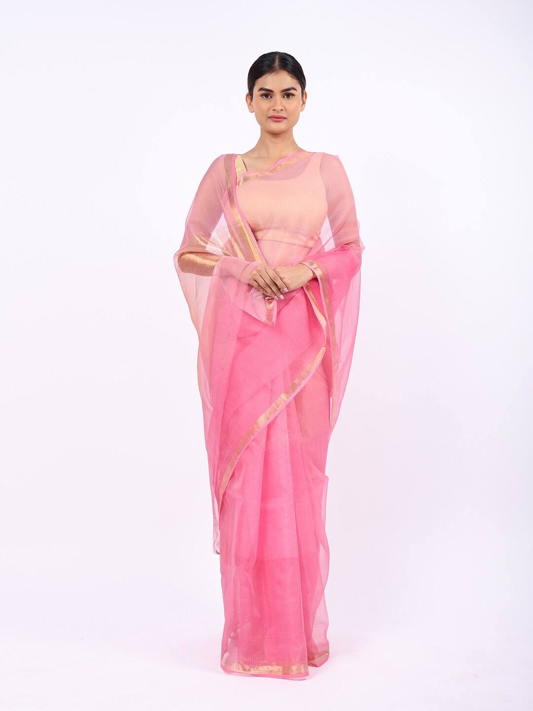 

ReshaWeaves Woven Design Zari Organza Kota Saree, Pink