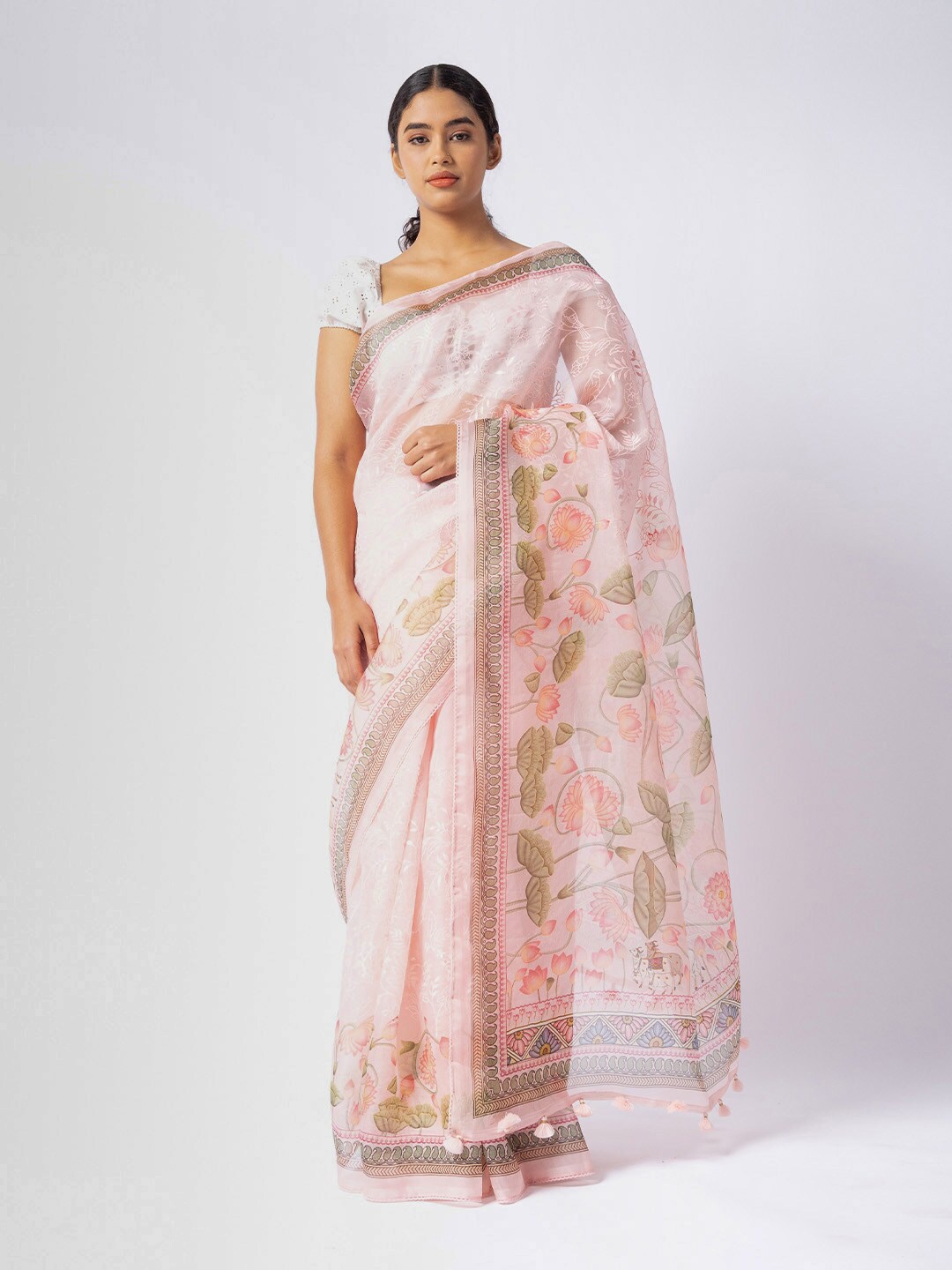 

ReshaWeaves Floral Embroidered Organza Banarasi Saree, Pink