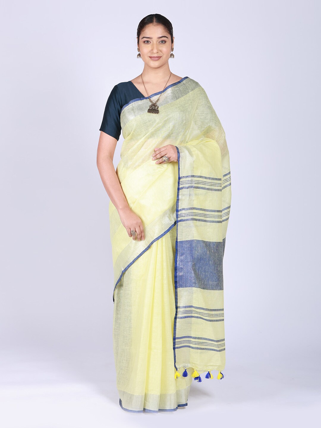 

ReshaWeaves Zari Pure Linen Saree, Yellow