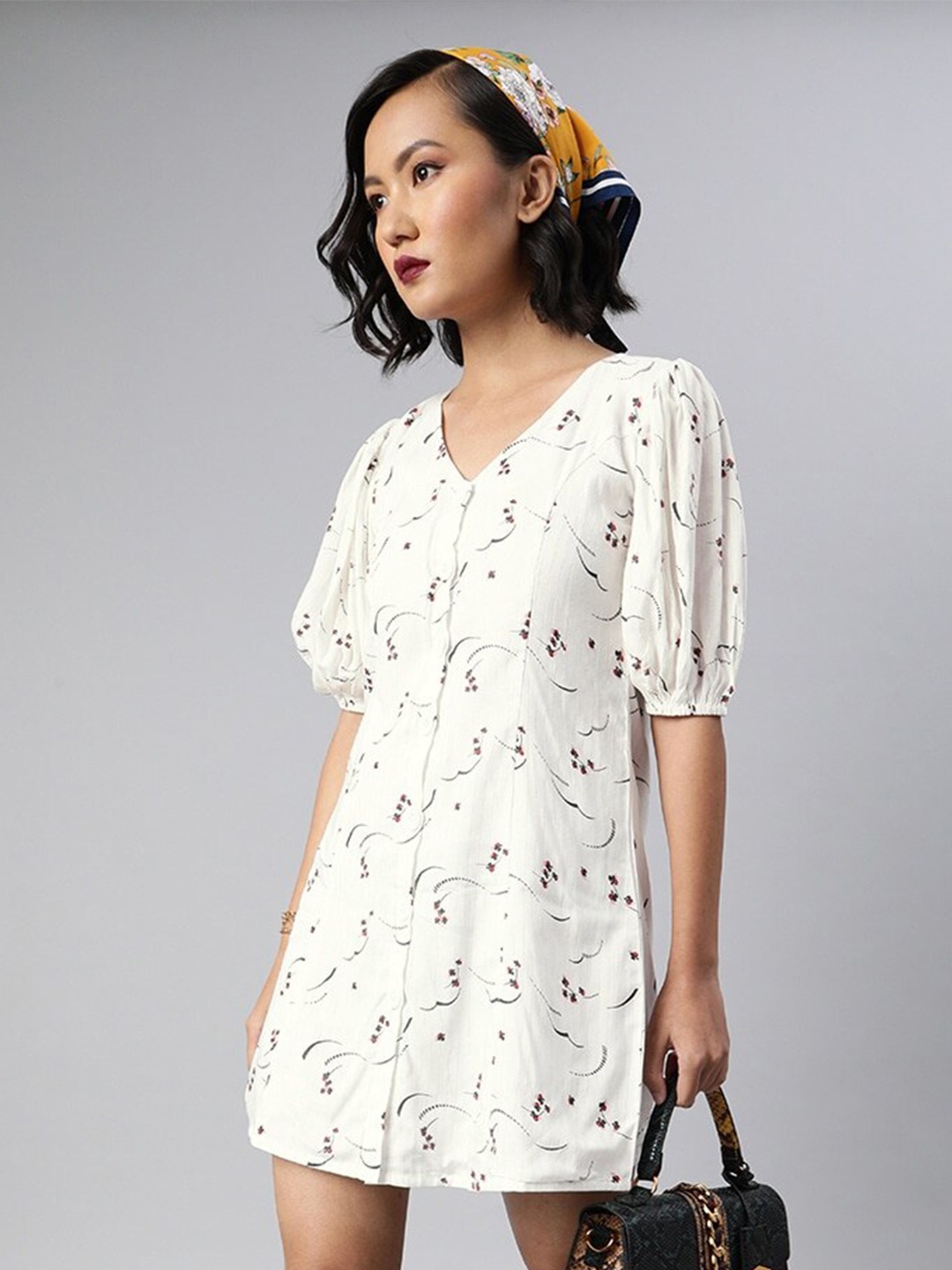 

Sera Floral Button Down Puff Sleeve Cotton Mini Dress, White